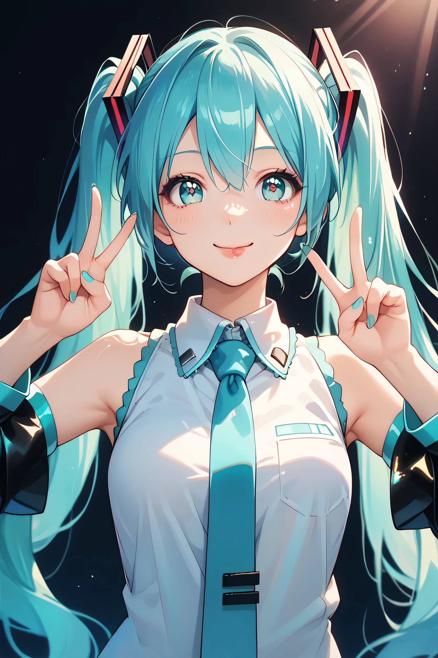 masterpiece, best quality, upper body, solo, 1girl, hatsune miku, vocaloid, number tattoo, aihsnpose, smile, tongue out, double v, star-shaped pupils, aqua hair, twintails, hair ornament, aqua eyes, grey shirt, sleeveless shirt, aqua necktie, black sleeves, detached sleeves, aqua nails, spotlight
