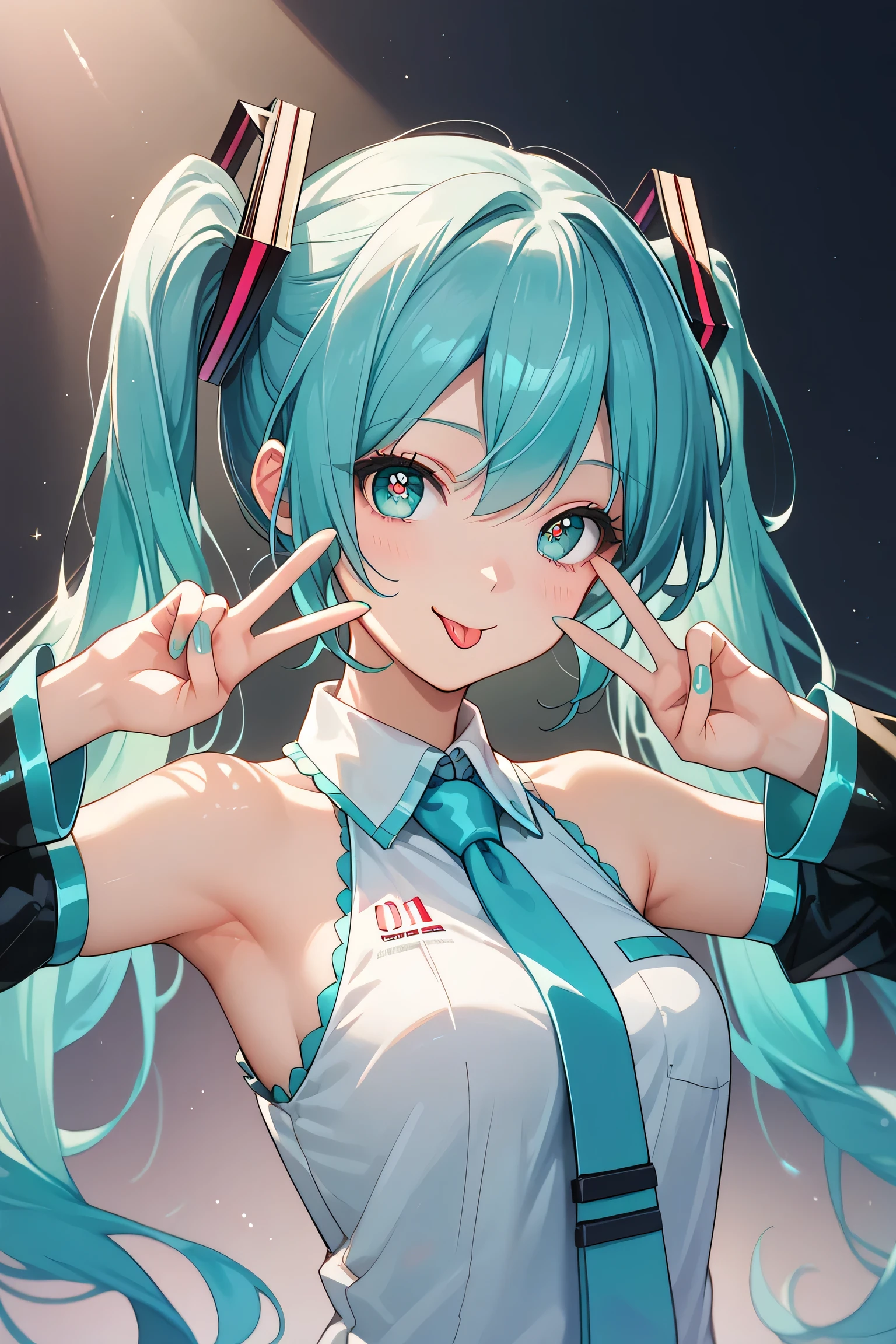 masterpiece, best quality, upper body, solo, 1girl, hatsune miku, vocaloid, number tattoo, aihsnpose, smile, tongue out, double v, star-shaped pupils, aqua hair, twintails, hair ornament, aqua eyes, grey shirt, sleeveless shirt, aqua necktie, black sleeves, detached sleeves, aqua nails, spotlight
