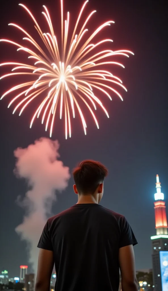 Fireworks happy new year 2025 night sky, realistic, perfect face, Lasisan, a man with suilt, Tram Huong tower, Nha Trang City square, background words "BEP4.0 HAPPY NEW YEAR 2025"