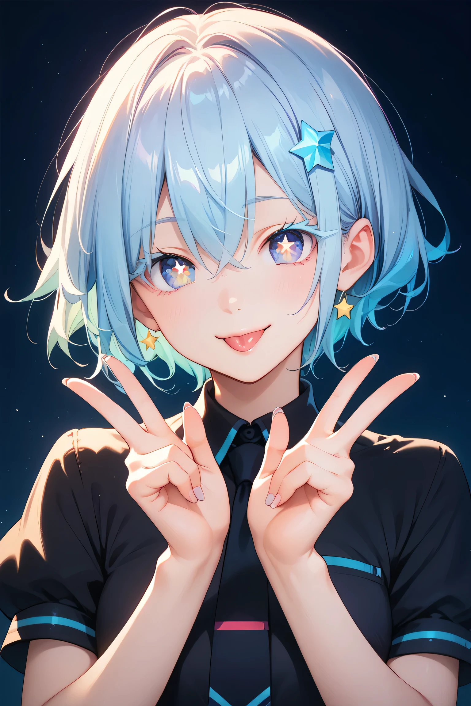 masterpiece, best quality, upper body, solo, 1other, d1am0nd, aihsnpose, smile, tongue out, double v, star-shaped pupils, white skin, crystal hair, colored eyelashes, multicolored eyes, multicolored hair, short hair, hair between eyes, black shirt, puffy short sleeves, white collared shirt, black necktie, elbow gloves, white gloves