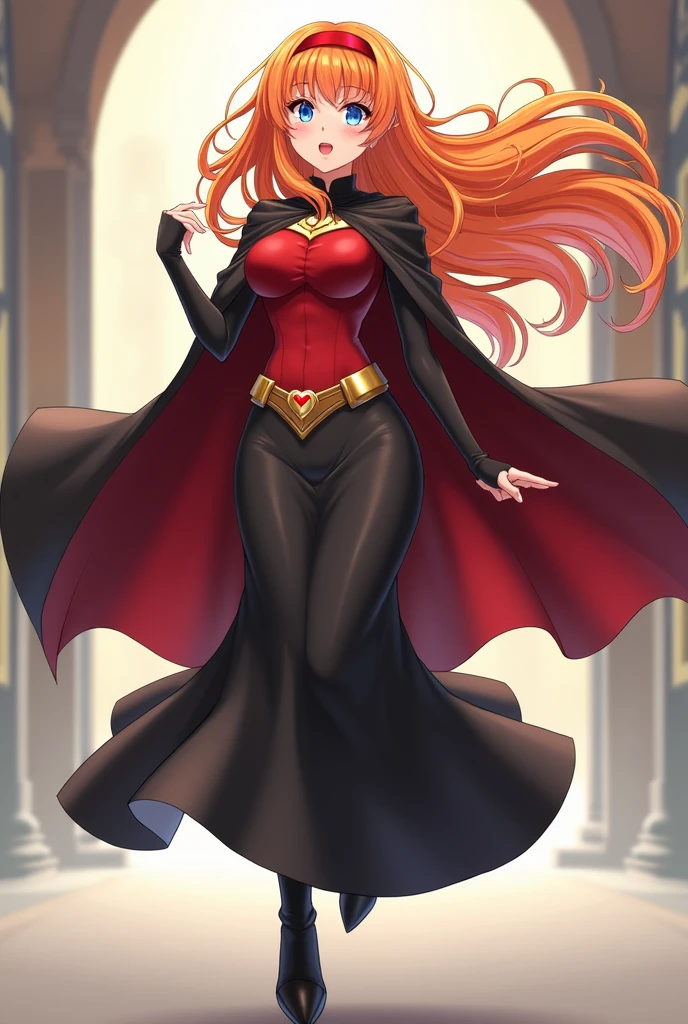 Anime style
Love power
Woman
Orange hair
Long hair
Fringe hair
Blue eyes
Red lips
Red hairband
Red top
Gold Waist
Black long skirt
Long skirt
Mermaid long skirt
Covered legs with long skirt
Covered feets with long skirt
Black cape
Black heels boots
Love symbol on top
Superhero outfit
Superhero form
Flying