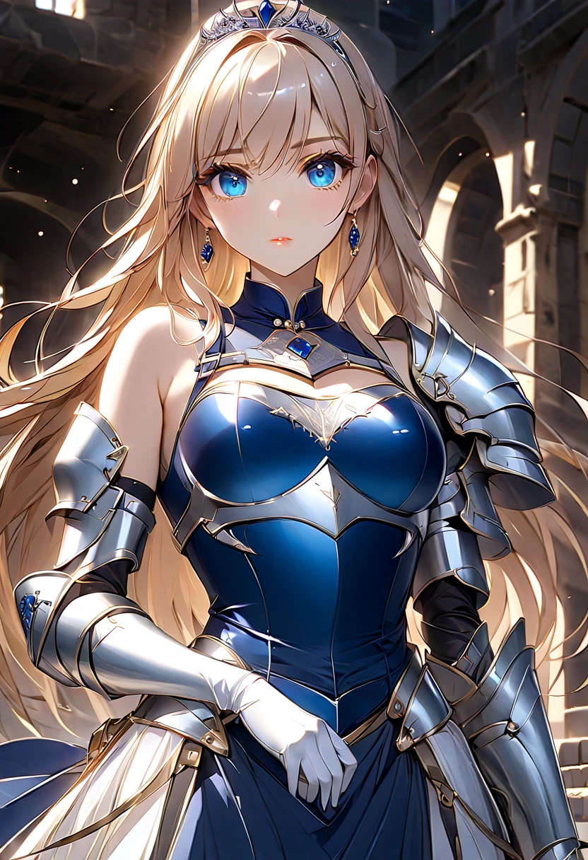 ((masterpiece)),  top quality ,  very detailed,( one girl), Celia Kumani Aintree long hair,  blondes,   hair accessories, Blue Eyes,  slit eyes ,  hair tube, Hair Drill, bangs,  dress, Dark Blue,  dress,  gloves, [Bare shoulders,   jewelry,  clevis on a stone,  princess, elbow  gloves, tiara ,brooch,white  gloves、 adult female 、thin、 very beautiful、 beautiful faces、(((Blue and silver armor、breastplate、 shiny armor:1.2)))、 gold earrings、Golden Hair, Blue Eyes,  pink lips,  cowboy shot 