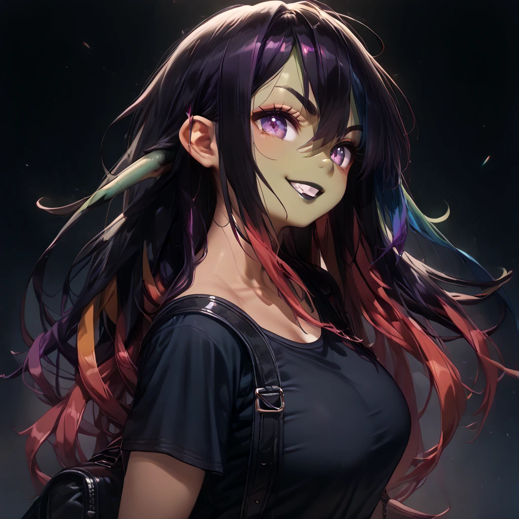 perfect hands, (((dark green skin))), goblin ears, curvy body, giant breasts, giant ass, wide hips, detailed hair, (((very long rainbow hair:1.5))), bangs, (((rainbow hair:1.5))), detailed face, soft face, beautiful face, detailed eyes, anime eyes, pretty eyes, big eyes, purple eyes, black eyeshadow, black eyeliner, cute nose, detailed lips, black lipstick, demon horns, angry eyebrows, smile,