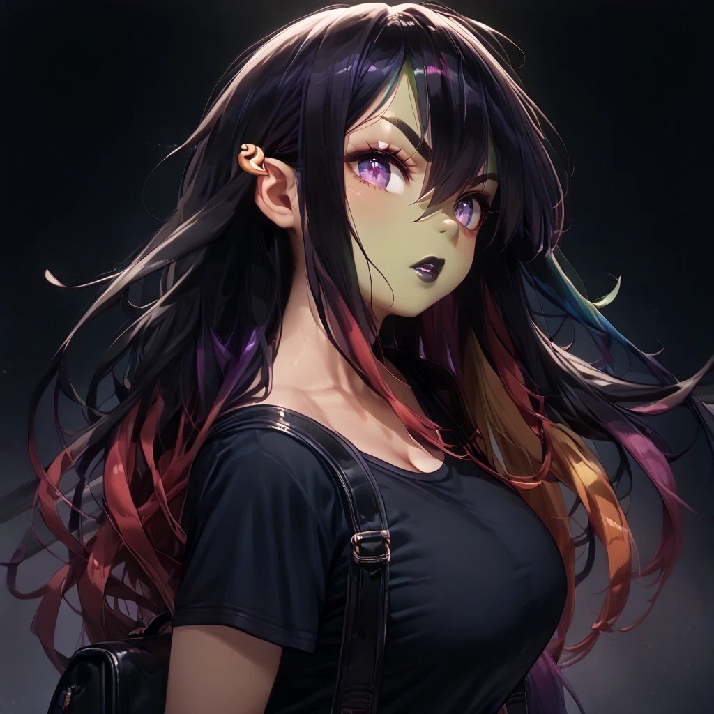 perfect hands, (((dark green skin))), goblin ears, curvy body, giant breasts, giant ass, wide hips, detailed hair, (((very long rainbow hair:1.5))), bangs, (((rainbow hair:1.5))), detailed face, soft face, beautiful face, detailed eyes, anime eyes, pretty eyes, big eyes, purple eyes, black eyeshadow, black eyeliner, cute nose, detailed lips, black lipstick, demon horns, angry eyebrows,