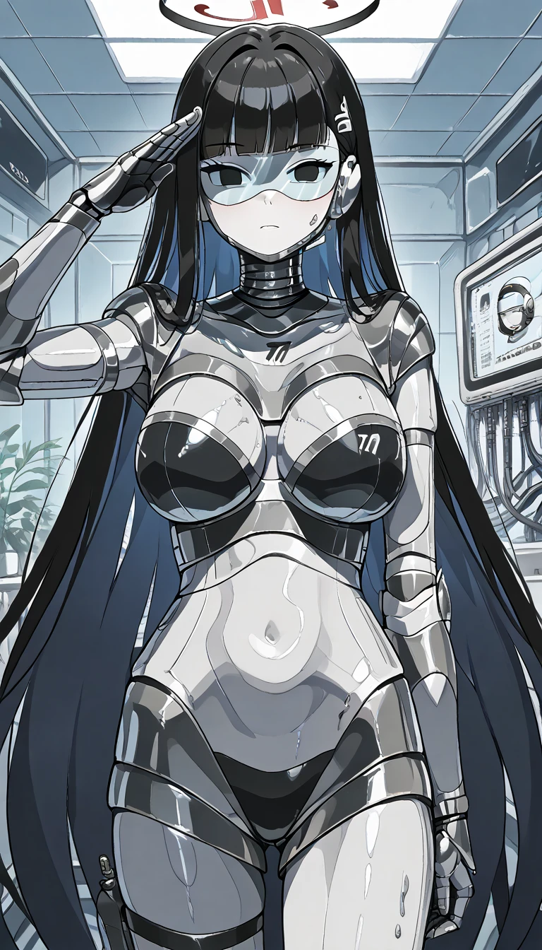 masterpiece, best quality, extremely detailed, (8K, 4K, Best Quality, hight resolution, 超A high resolution:1.1), ,8k portrait, Japaese android Girl,Plump , dark black leg cover,announcer,control panels,android,Droid,Mechanical Hand, Robot arms and legs, Black Robot Parts,Black long hair,Mechanical body,Blunt bangs,perfect mechanical abdomen,black robotics parts,perfect robot woman,future laboratory,cyber pank,charging spot,laboratory,long tube,thick cable connected her neck,black ceramic body ,perfect mechanical body, black robot body,lod antenna,mechanical ear cover,android,robot humanoid,black sponge joints,The removable cover is in the groin,The connection port is in the groin,opened chest panel,access panel on the chest,opened breast panel,perfect mechanical breast,perfect black machine body,perfect black android body,She has repaired,assembly plant,no human skin,visor,mistyrobot,rio(blue archive),robot joint,doll joint,empty eyes,malfunction,core unit,a thin waist,mecha musme,salute with other robots,helmet