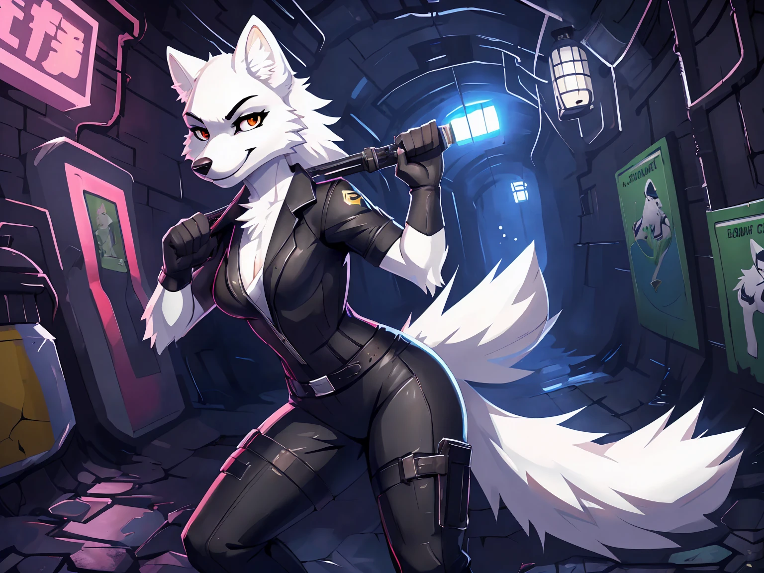 (white fur:2), wolf, female, Spy outfit, Agent attire, toothy smile, Infiltration operation, in dark Underground sewer tunnel , dark Utility tunnel, masterpiece, (16K), HD, Various facial details, detailed background, very detailed, dynamic poses, Eyes details, high resolution, high quality, correct anatomy, cartoon, at night, solo, 1girl