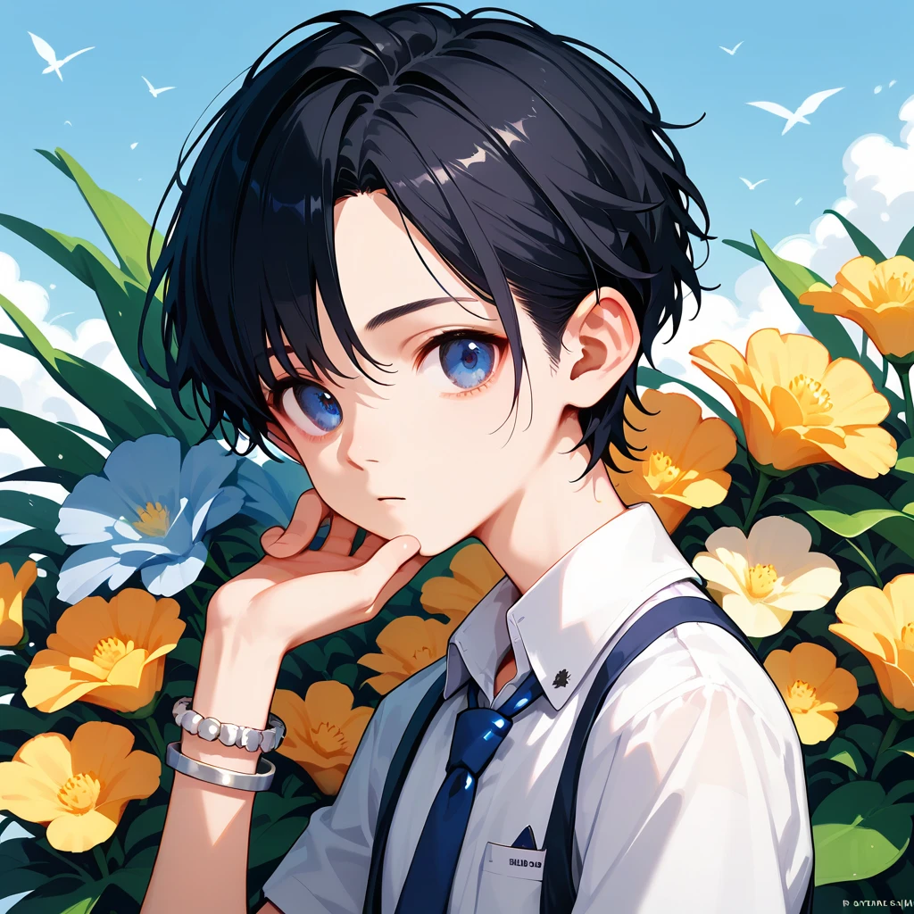 score_9,score_8_up,score_7_up,masterpiece,(1boy),19-years-old ,university student,BREAK Nagi-kun ,black hair,very short,(Forehead:0.8),dark blue eyes,(baby face:0.8),( melancholy expression:0.8),Petite,Slim BREAK short sleeve navy dress shirt, blue tie ,Silver Polaris Embroidered ,moonstone bangle,Tsukuyomi, Susanoo,(((Alone)))