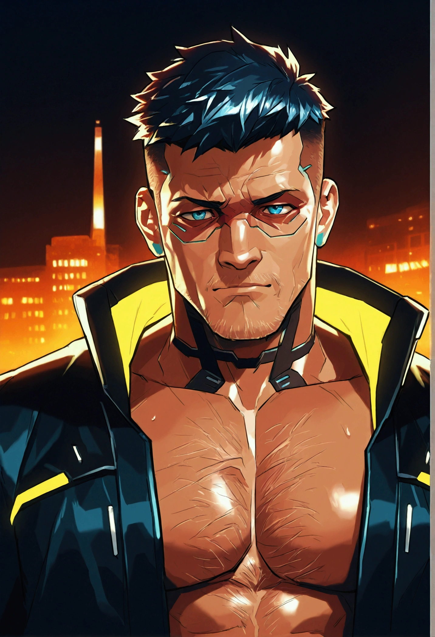a buff man with blonde shaved upper cut hair wearing a black choker in the zombie apocalypse body shot