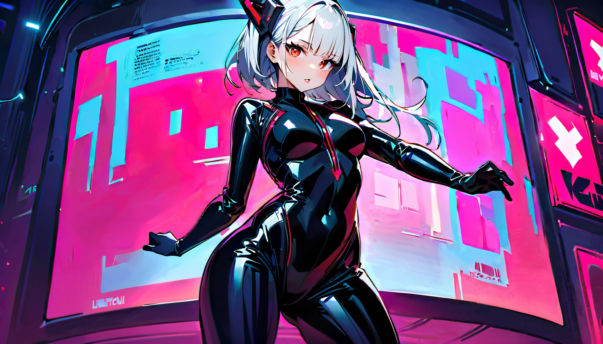 Anime girl in black catsuit standing in front of a neon city - SeaArt AI