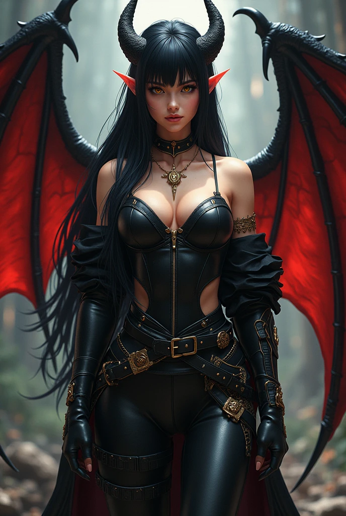 Goblin queen dons red top, black leather skirt, full view, ethereal presence, captures with drybrush technique, juxtaposed against a grunge onyx and puce gradient backdrop, flawless execution of eyes, hands, body, embodies the distinctive styles of Brian Viveros, Tim Burton, Esao Andrews, Anne Stokes, and Katsuya Terada, strikes a complex pose bathed in dynamic light and