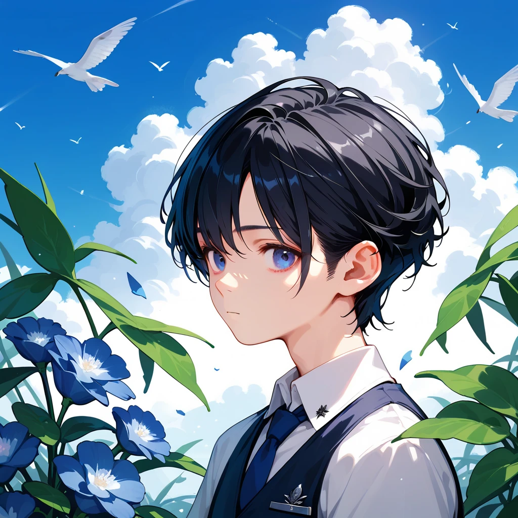 score_9,score_8_up,score_7_up,masterpiece,(1boy),19-years-old ,university student,BREAK Nagi-kun ,black hair,very short,(Forehead:0.8),dark blue eyes,(baby face:0.8),( melancholy expression:0.8),Petite,Slim BREAK short sleeve navy dress shirt, blue tie ,Silver Polaris Embroidered ,moonstone bangle,Tsukuyomi, Susanoo,(((Alone)))