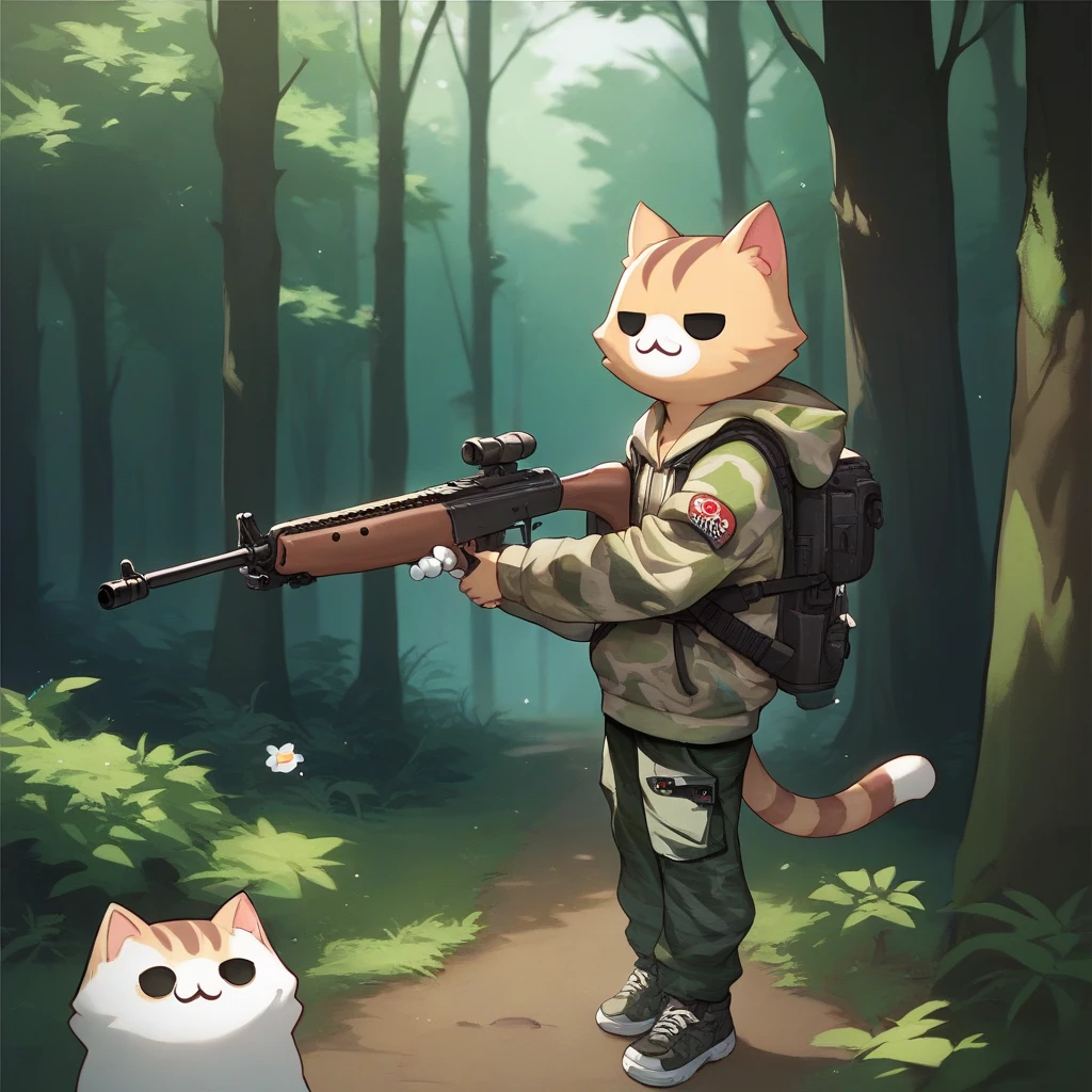 score_9, score_8_up, score_7_up, source_anime, no humans, nekoemoji, cat, solid circle eyes, holding rifle, camo hoodie, forest