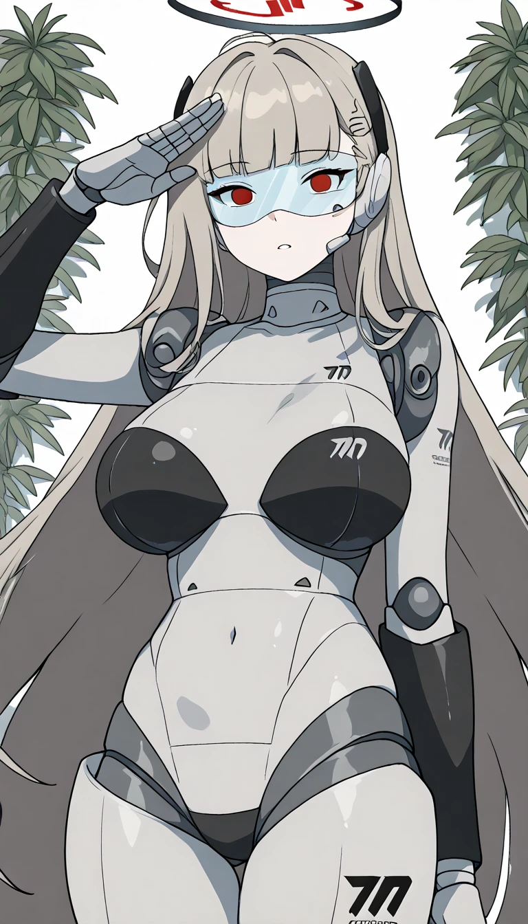 masterpiece, best quality, extremely detailed, (8K, 4K, Best Quality, hight resolution, 超A high resolution:1.1), ,8k portrait, Japaese android Girl,Plump , dark black leg cover,announcer,control panels,android,Droid,Mechanical Hand, Robot arms and legs, Black Robot Parts,Black long hair,Mechanical body,Blunt bangs,perfect mechanical abdomen,black robotics parts,perfect robot woman,future laboratory,cyber pank,charging spot,laboratory,long tube,thick cable connected her neck,black ceramic body ,perfect mechanical body, black robot body,lod antenna,mechanical ear cover,android,robot humanoid,black sponge joints,The removable cover is in the groin,The connection port is in the groin,opened chest panel,access panel on the chest,opened breast panel,perfect mechanical breast,perfect black machine body,perfect black android body,She has repaired,assembly plant,no human skin,visor,mistyrobot,rio(blue archive),robot joint,doll joint,empty eyes,malfunction,core unit,a thin waist,mecha musme,salute,helmet,other robots stay