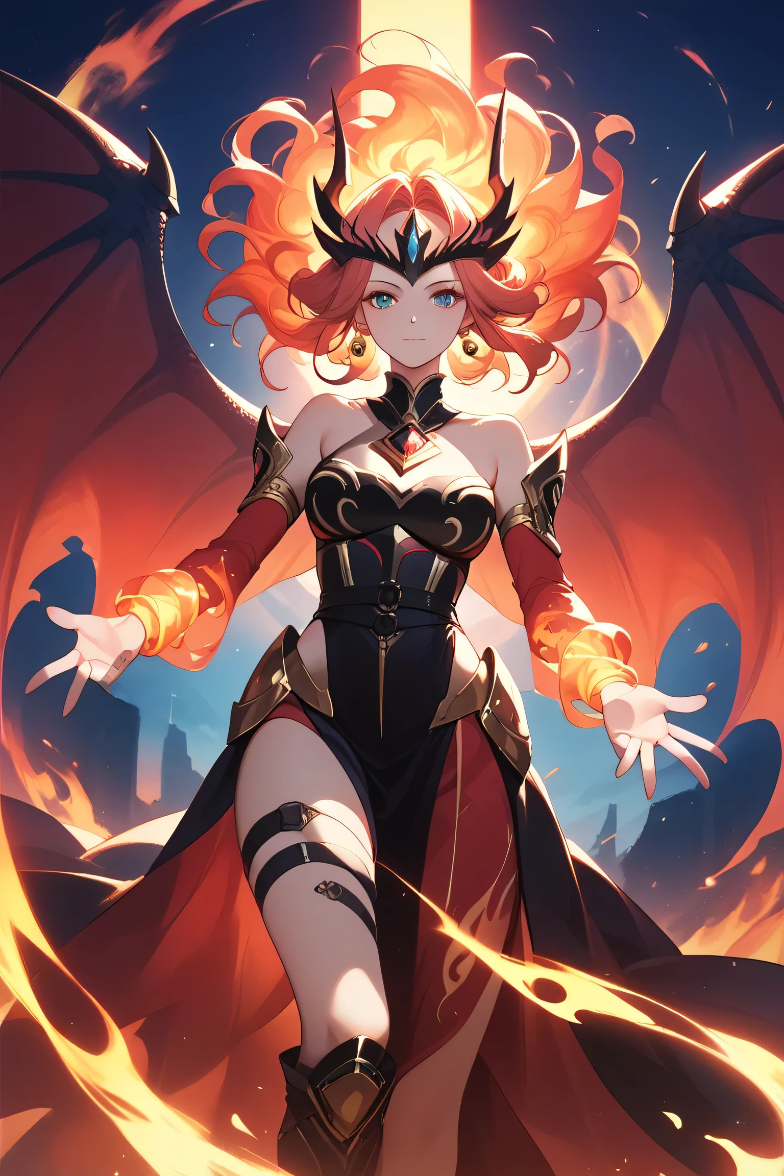 dragon girl,promethean princess - bestower of flames,1girl,solo,looking at viewer,closed mouth,standing,black armlet,flame arms,black breastplate,black spiked back ring,red armored dress,black dragons,dutch angle,2others,outstretched hand,fiery background,
masterpiece,best quality,amazing quality,very aesthetic,absurdres,newest,