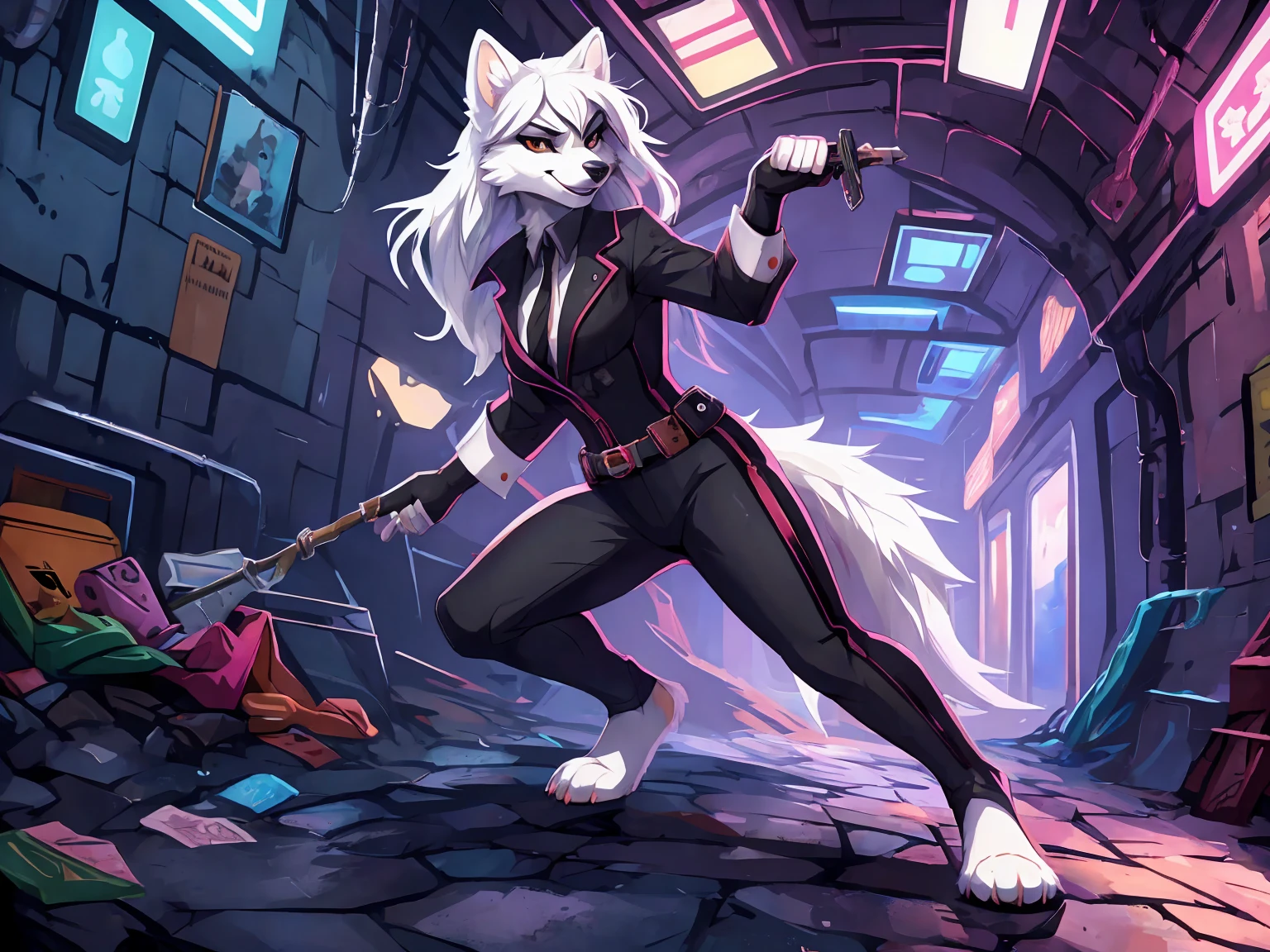 (white fur:2), wolf, female, white hair, Spy outfit, Agent attire, toothy smile, Infiltration operation, in dark Underground sewer tunnel , dark Utility tunnel, masterpiece, (16K), HD, Various facial details, detailed background, very detailed, dynamic poses, Eyes details, high resolution, high quality, correct anatomy, cartoon, at night, solo, 1girl