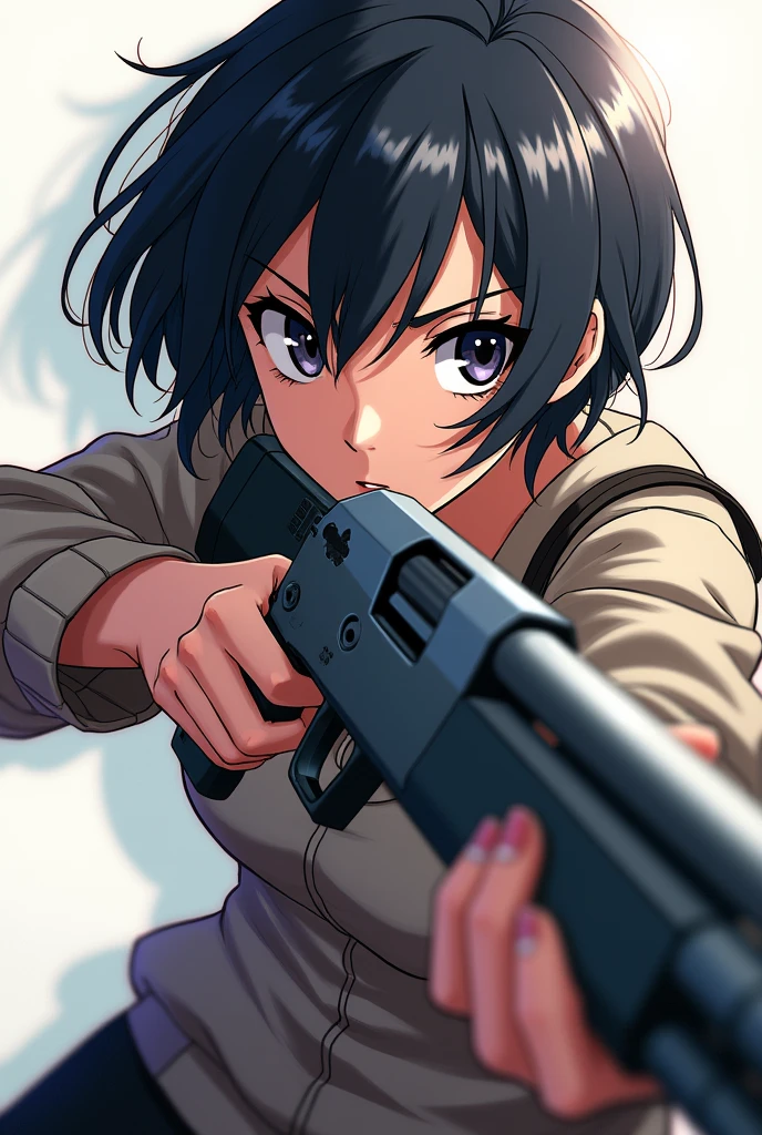 anime girl image, with short, dark hair, ready to shoot