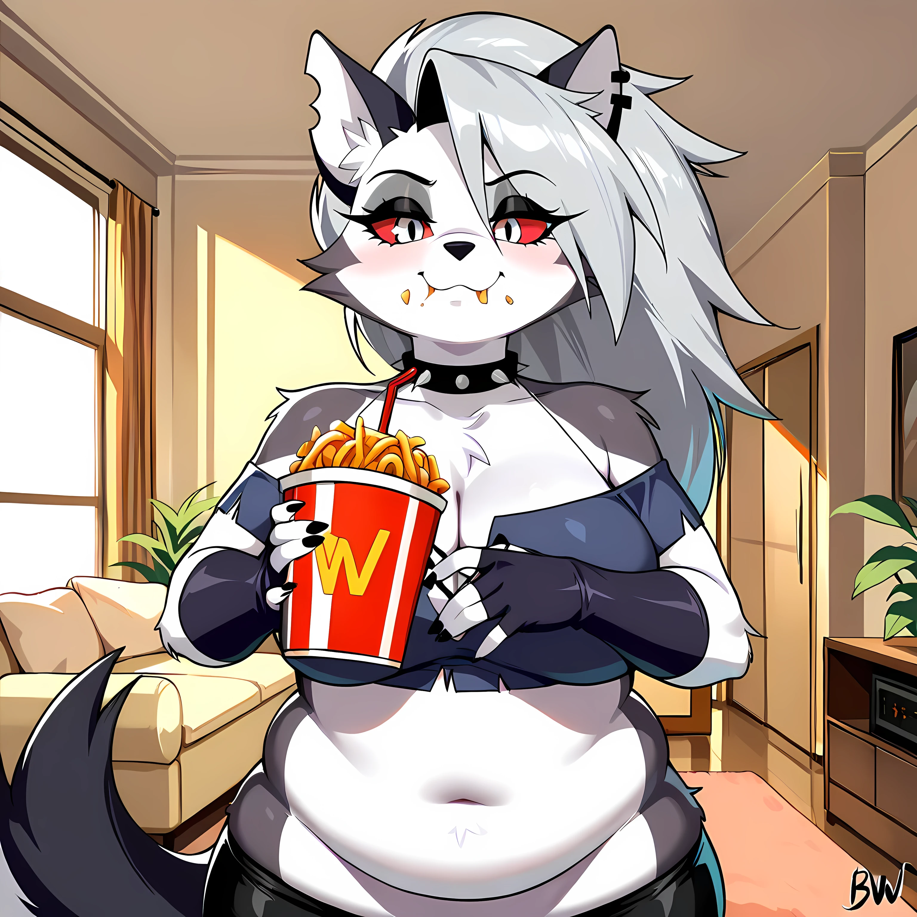 best quality, perfect face, loona_(helluva_boss), standing,((bbw)), looking at viewer with interest, living room, detailed eyes, fat neck, chubby face, ((furry)), eating fast food