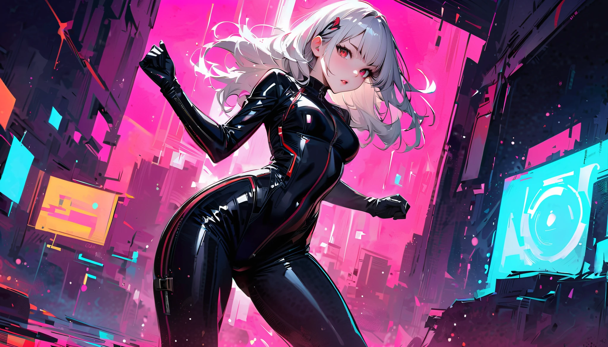 Anime Style、Cel drawing touch like Oshi no Ko、One girl, alone, View your viewers, 18-year-old, Blue Shorthair, White hair ornament, White bodysuit, gloves, Red eyes, Are standing, Green monochrome background, cyber punk, green color background, , Dynamic Angle, From below, , smile, Beautiful and beautiful face, Detailed face, Beautiful Face,, Pink Lips, Glowing Eyes, Perfect Face, Detailed pupil, compensate:1.1), (Nice hands, sexy, slim, skinny, Tight waist, Punkish、Punk Girl、whole body
