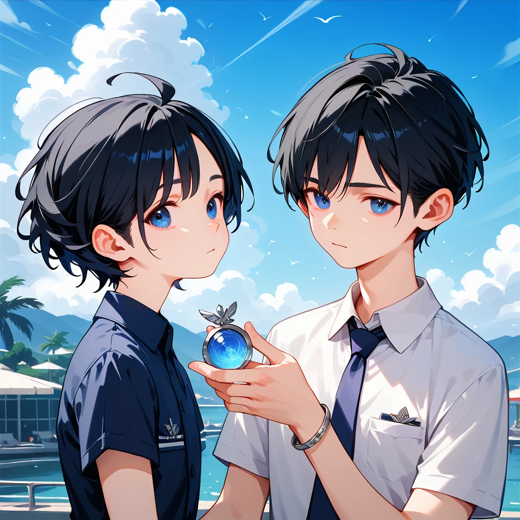 score_9,score_8_up,score_7_up,masterpiece,(1boy),19-years-old ,university student,BREAK Nagi-kun ,black hair,very short,(Forehead:0.8),dark blue eyes,(baby face:0.8),( melancholy expression:0.8),Petite,slim break short sleeve dress shirt, blue tie ,Silver Polaris Embroidered ,moonstone bangle,(Tsukuyomi:0,8),( Susanoo:0.8),(((Alone)))