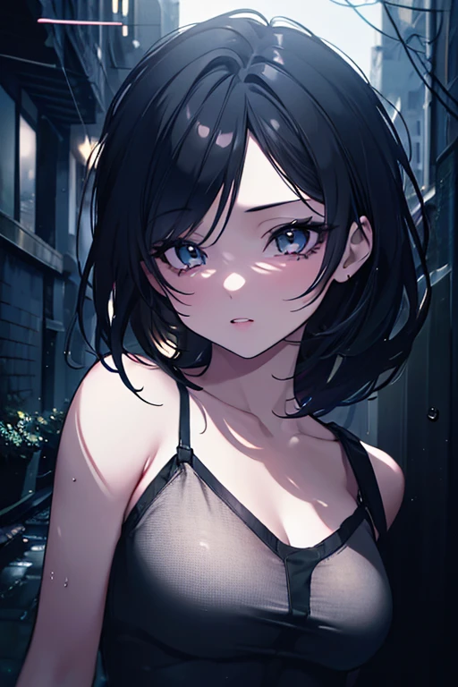 1girl, 18 years old, mix4, (8k, RAW photo, best quality, masterpiece:1.2), (realistic, photorealistic:1.37), cute, night, rain, humid, professional lighting, photon mapping, radiosity, physically based rendering, ultra resolution, small cute breasts