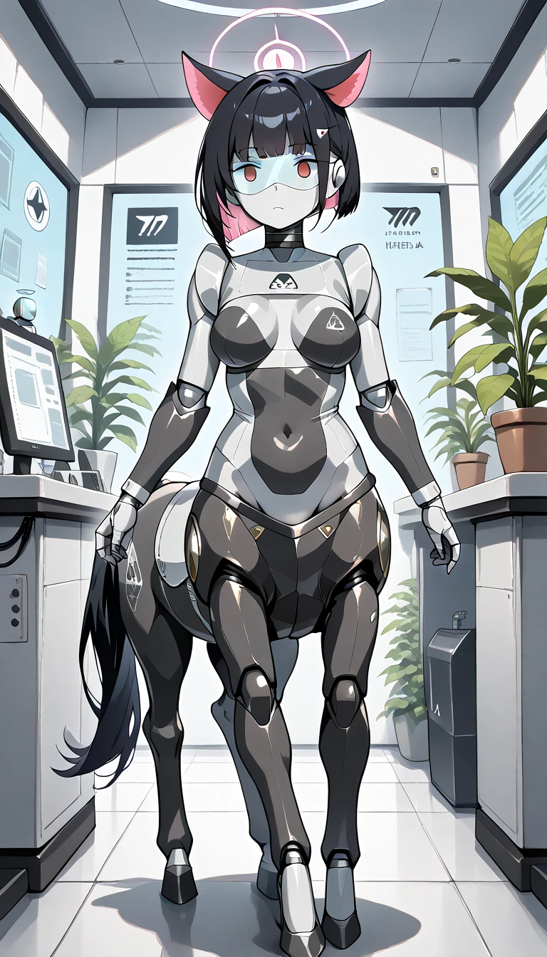 masterpiece, best quality, extremely detailed, (8K, 4K, Best Quality, hight resolution, 超A high resolution:1.1), ,8k portrait, Japaese android Girl,Plump , dark black leg cover,announcer,control panels,android,Droid,Mechanical Hand, Robot arms and legs, Black Robot Parts,Black long hair,Mechanical body,Blunt bangs,perfect mechanical abdomen,black robotics parts,perfect robot woman,future laboratory,cyber pank,charging spot,laboratory,long tube,thick cable connected her neck,black ceramic body ,perfect mechanical body, black robot body,lod antenna,mechanical ear cover,android,robot humanoid,black sponge joints,The removable cover is in the groin,The connection port is in the groin,opened chest panel,access panel on the chest,opened breast panel,perfect mechanical breast,perfect black machine body,perfect black android body,She has repaired,assembly plant,no human skin,visor,mistyrobot,kazusa(blue archive),robot joint,doll joint,malfunction,empty eyes,mechnical suit,centaur,robot centaur