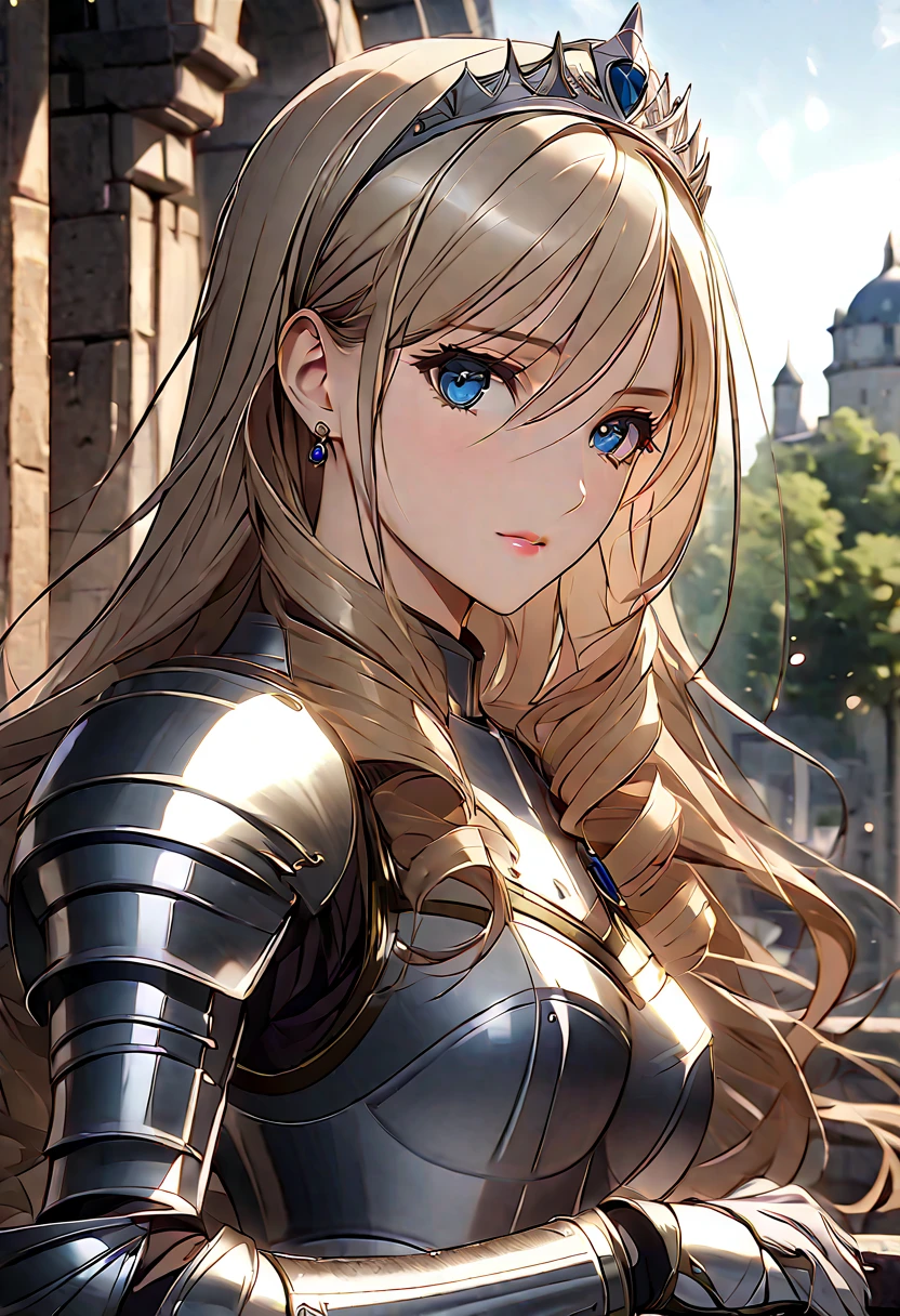 ((masterpiece)),  top quality ,  very detailed,( one girl), Knight Princess , Celia Cumani Aintree,  long hair,  blondes,  drill hair,  hair band ,  hair accessories, Blue Eyes, High gradation eyes,  hair tube,  dress, Dark Blue,  dress,  gloves, [Bare shoulders,  jewelry,  clevis on a stone,  princess, elbow  gloves, tiara ,brooch,white  gloves、 adult female 、thin、 very beautiful、 beautiful faces、(((Blue and silver armor、breastplate、 gauntlet、Shin guards、 shiny armor:1.2)))、 gold earrings、Golden Hair, Blue Eyes,  pink lips,  cowboy shot 