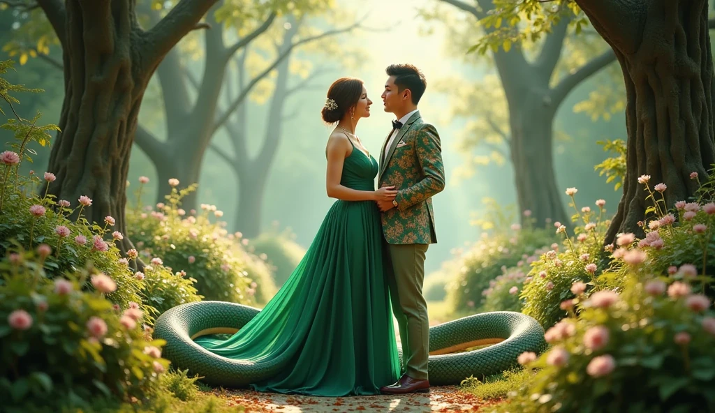 "A cinematic, high-resolution 4k image of an Indonesian man in traditional wedding attire, standing next to a beautiful woman whose lower body is transformed into a large serpent. The woman is wearing an elegant green dress that flows beautifully around her. The setting is a lush, enchanted forest with soft, natural lighting, creating a mystical and romantic atmosphere. The background is detailed, with vibrant greenery and a clear, bright sky. The man and the woman are positioned in the center, with the serpent's tail coiling around the ground elegantly. The scene is visually striking, with clear, sharp details and vibrant, warm lighting. The effects should give the image a cinematic, dreamy quality, with the colors popping and the details crisp and vibrant."