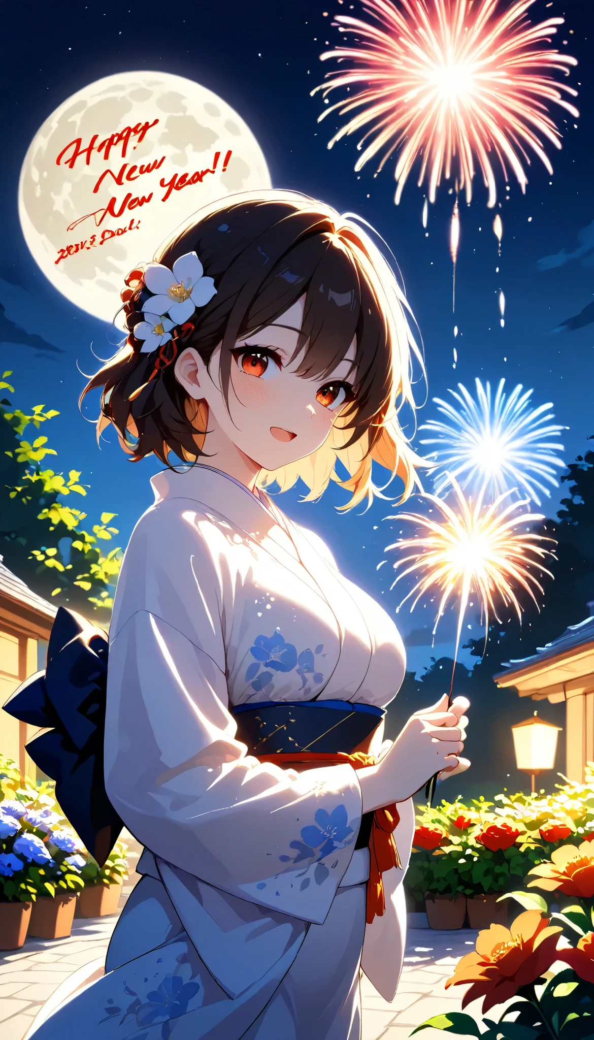  top quality , expensive_resolution,   clear _ images,    detailed background ,  girl  , flower,garden,moon, new year celebration, celebratory fireworks in the sky