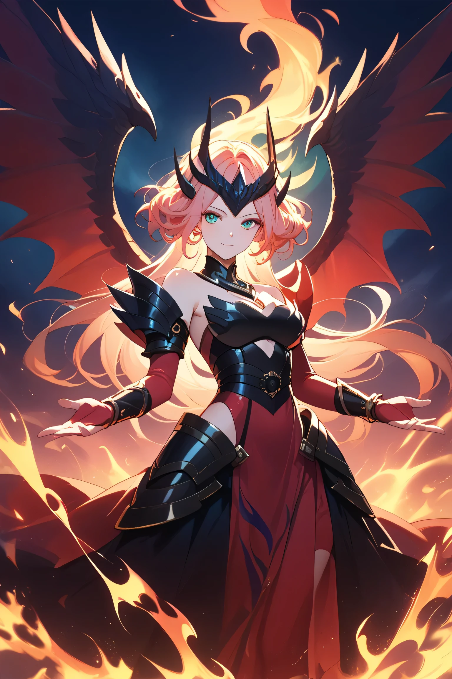 dragon girl,promethean princess - bestower of flames,1girl,solo,looking at viewer,closed mouth,standing,black armlet,flame arms,black breastplate,black spiked back ring,red armored dress,black dragons,dutch angle,2others,outstretched hand,fiery background,
masterpiece,best quality,amazing quality,very aesthetic,absurdres,newest,