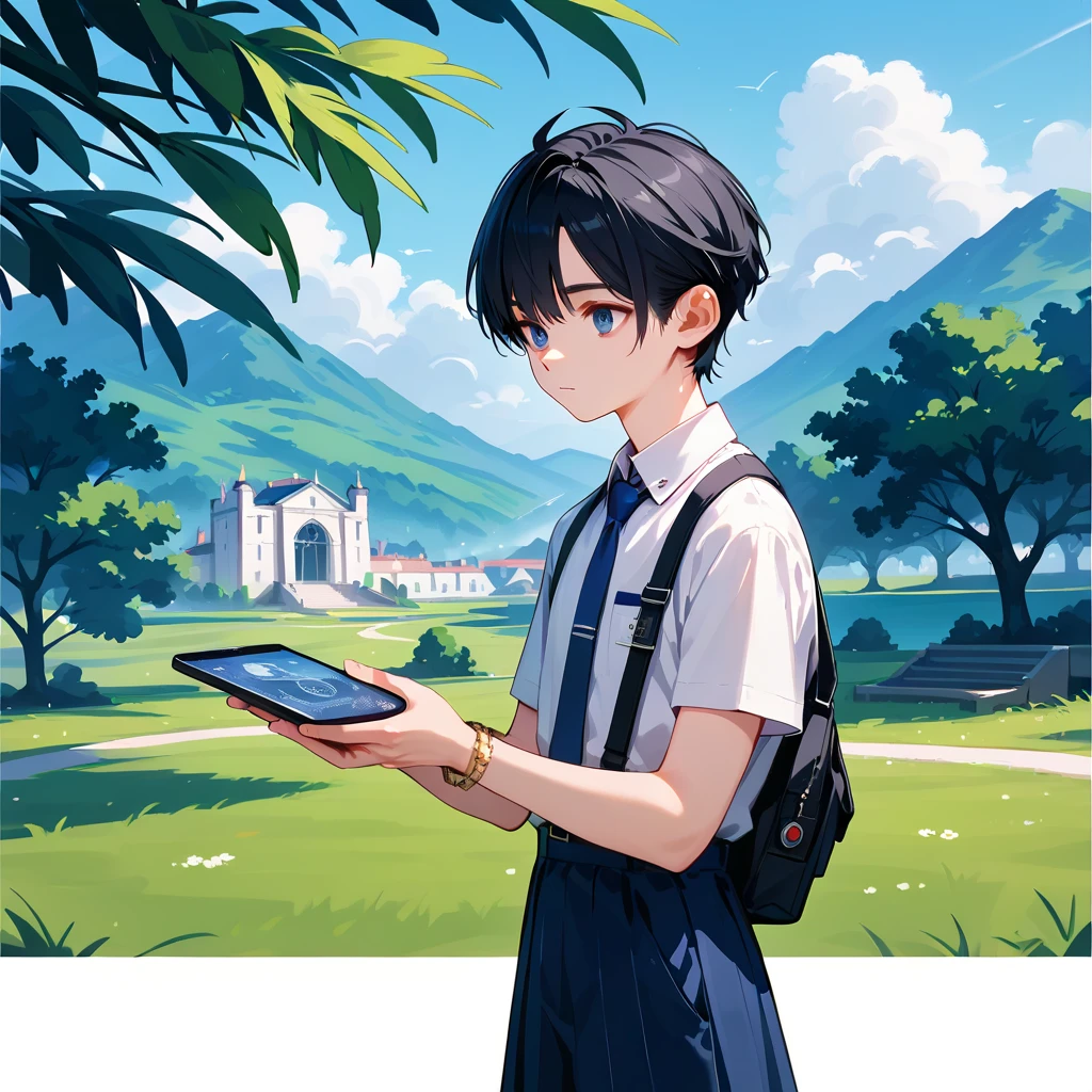 score_9,score_8_up,score_7_up,masterpiece,(1boy),19-years-old ,university student,BREAK Nagi-kun ,black hair,very short,(Forehead:0.8),dark blue eyes,(baby face:0.7),( melancholy expression:0.8),Petite,slim break short sleeve dress shirt, blue tie ,Silver Polaris Embroidered ,moonstone bangle,(Tsukuyomi:0,8),( Susanoo:0.8),(((Alone)))