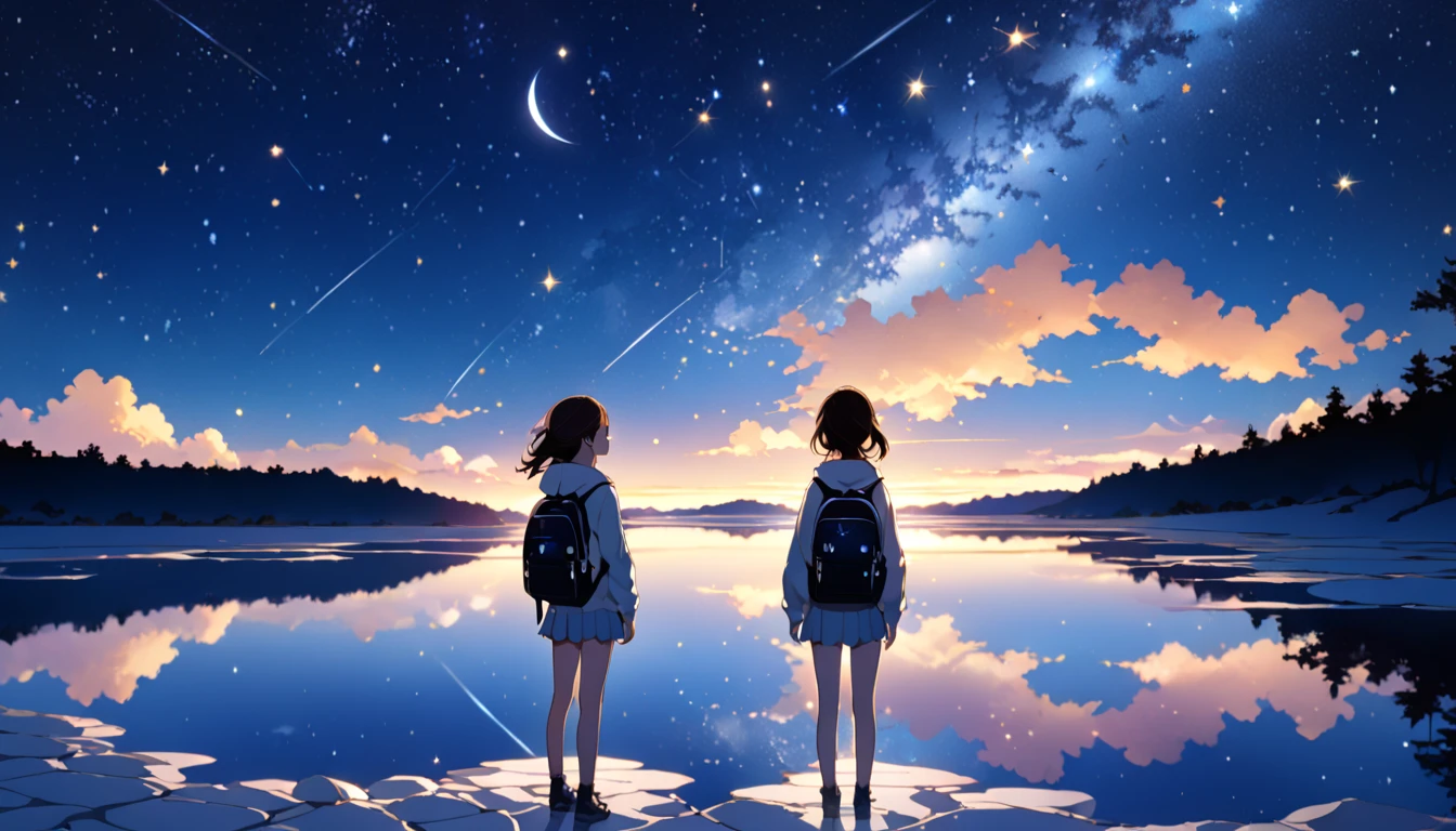 masterpiece, 8k, 1 girl standing in a salt lake,  the lake is a mirror reflecting the stars  ,  fantasy ,  detailed background , A woman drawn down to the smallest detail ,  anime girl watching the sky, 星の光が bright  , 瞬く starry sky ,  there are many stars in the sky , Beautiful sky,  beautiful girls, evening,  starry sky  ,  Beautiful World , bright , hoodie,Casual attire,Backpack