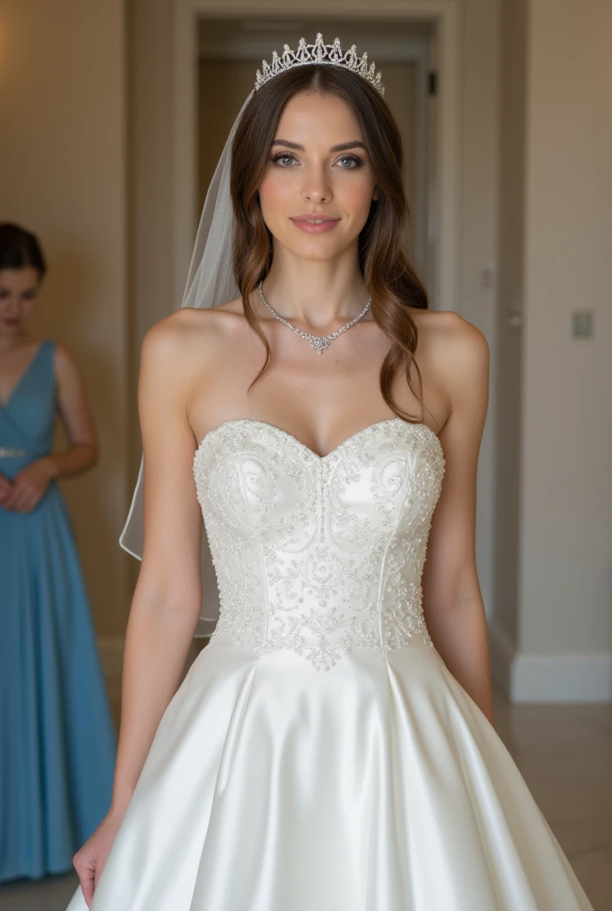 ten bride, (wearing short fitted wedding dress) standing next to the bed,