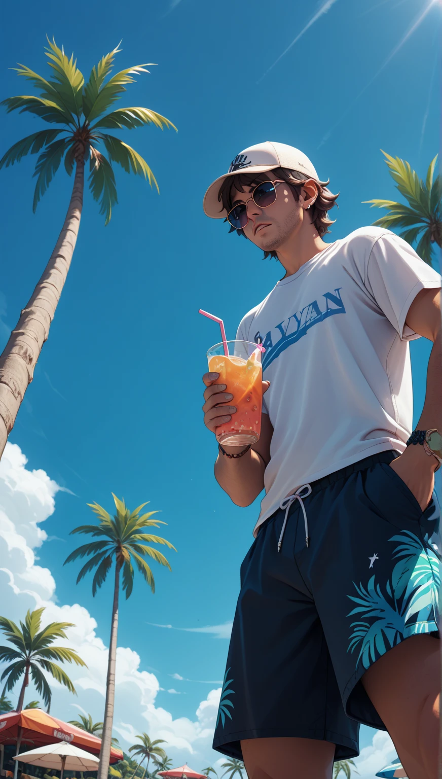  score_9,  score_8_below,  score_7_below,  score_6_below,  playa, abroad, Hawaiian beverage stand, palm trees, clouds, only scene background