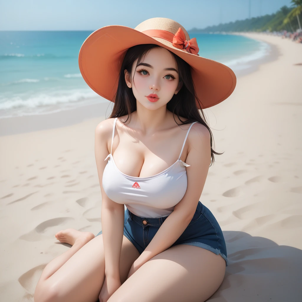 (best quality), (masterpiece), 1 girl, early 20's, huge heavy breasts, thick, thick lips, wide hips, thin waist, l00se_t0p, strap slip, camisole, plunging neckline, white tank top, bare shoulders, cleavage, sitting on the beach