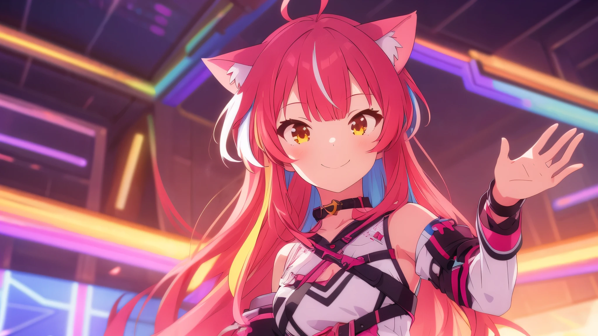a girl, High resolution, long hair, smile, multicolored hair, cat ears ,vtuber,