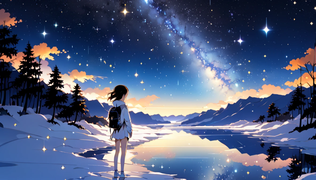 masterpiece, 8k, 1 girl standing in a salt lake,  the lake is a mirror reflecting the stars  ,  fantasy ,  detailed background , A woman drawn down to the smallest detail ,  anime girl watching the sky, 星の光が bright  , 瞬く starry sky ,  there are many stars in the sky , Beautiful sky,  beautiful girls, evening,  starry sky  ,  Beautiful World , bright , hoodie,Casual attire,Backpack