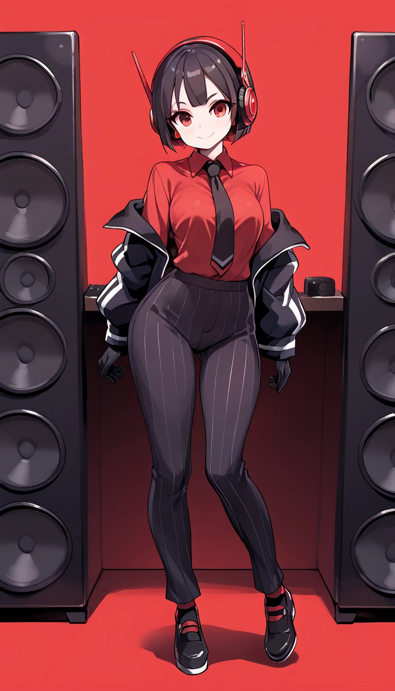 score_9, score_8_up, score_7_up, score_6_up, score_5_up, score_4_up, (1girl), (masterpiece, best quality, ultra-detailed), Speaker Woman, humanoid female with a large red speaker for a head, sleek black pinstripe suit, fitted jacket with a tie, long sleeves, form-fitting pants, confident and assertive pose, black gloves, glowing red, vibrant red background, simple lighting, dynamic composition, smooth shading, clean lines, clear focus, full-body view, robot_head_speaker, real human body, robot_head_speaker_woman, Black full body suit elegant with stripes with, Red shirt underneath, robot_head_speaker, red shirt, big headphones, Nyantcha style, GLaDOSSDXL, Glados, mechanical parts, humanoid robot, Short hair,