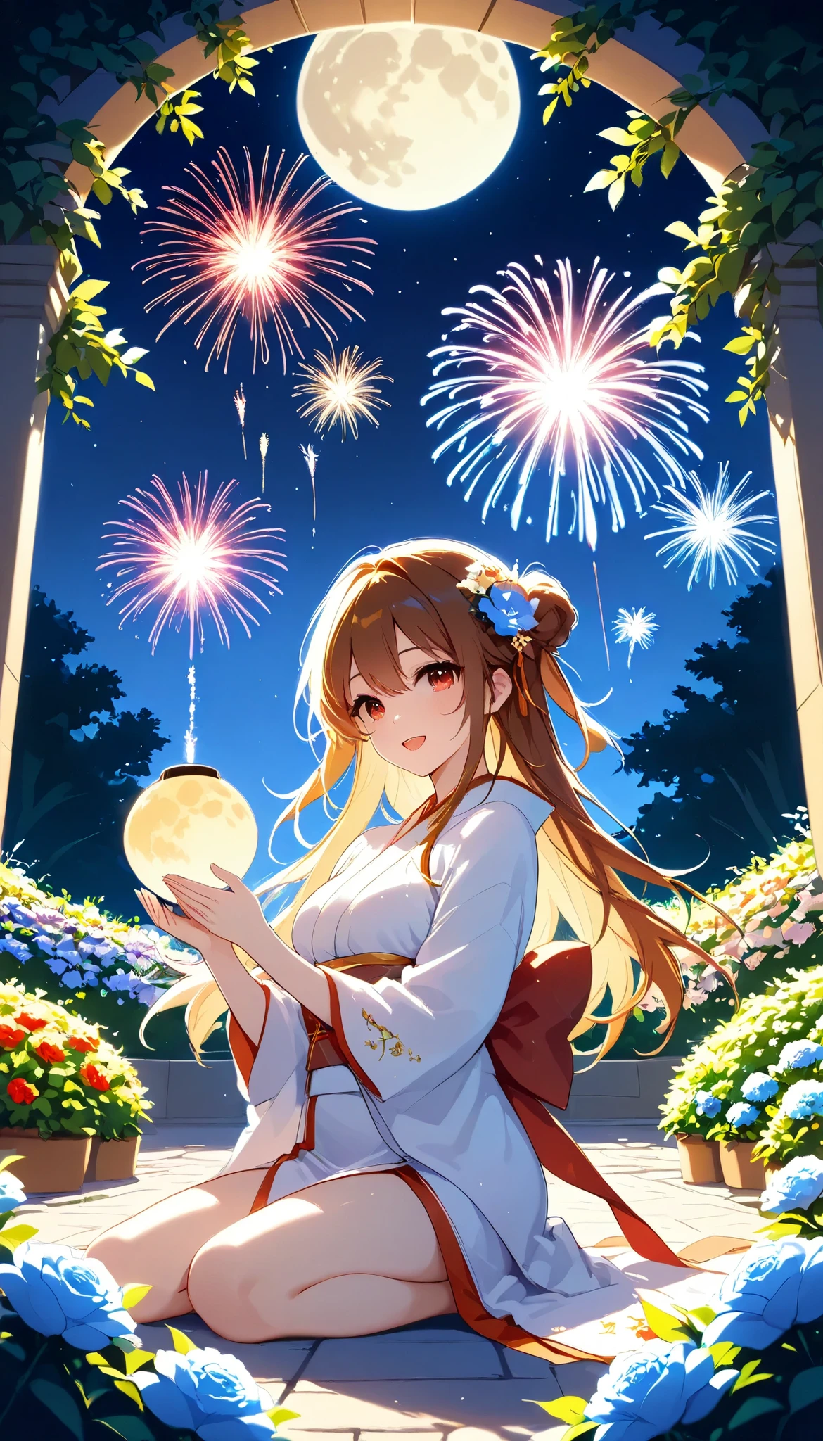  top quality , expensive_resolution,   clear _ images,    detailed background ,  girl  , flower,garden,moon, new year celebration, celebratory fireworks in the sky, Zodiac Snake