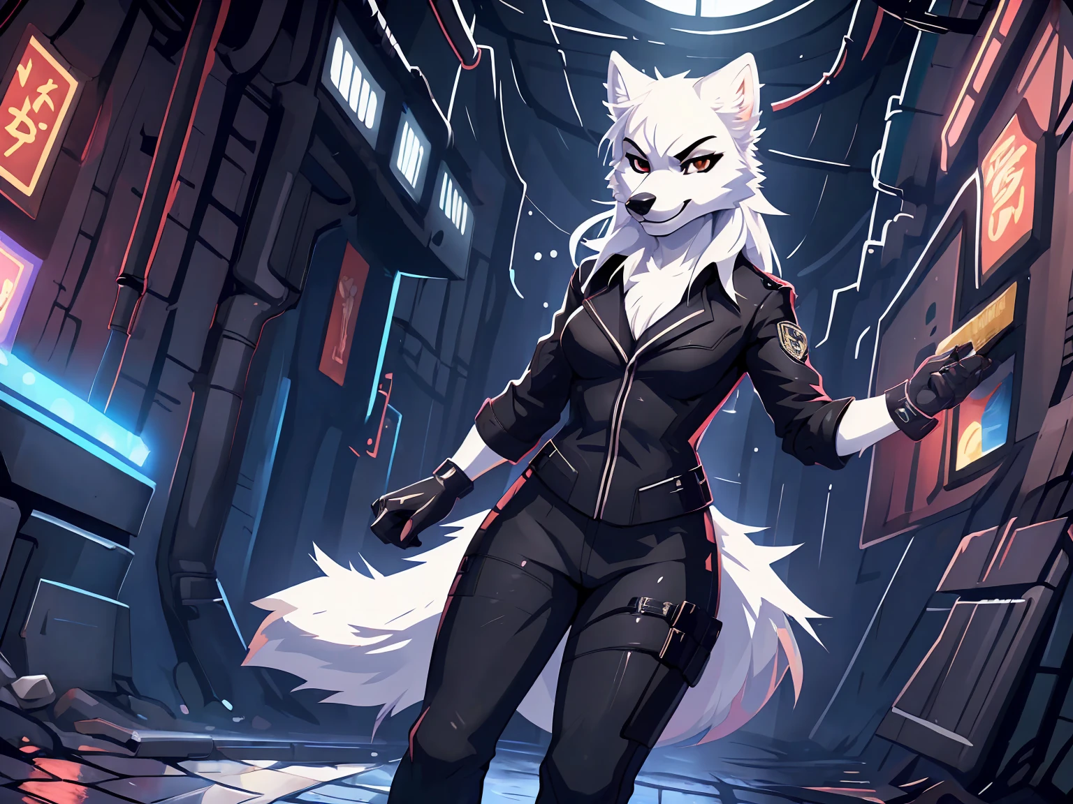 (white fur:2), wolf, female, white hair, Spy outfit, Agent attire, toothy smile, Infiltration operation, in dark Underground sewer tunnel , masterpiece, (16K), HD, Various facial details, detailed background, very detailed, dynamic poses, Eyes details, high resolution, high quality, correct anatomy, cartoon, at night, solo, 1girl