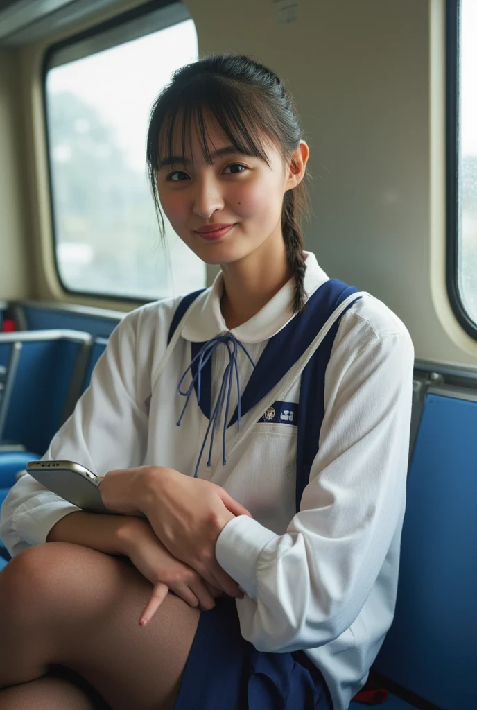 (masterpiece,  top quality , 8k,  RAW photos,  beautifully、 beautiful:1.2),  detailed information,  indirect lighting,  realistic, whole body,  sitting on a train chair 、 high school uniform 、 miniskirt、(( show me white panties:1.8))、 stretch legs 、( super realistic pantyhose)、stare at the audience 、smile、 happy 、 I have a smartphone、Peeking、 woman&#39; training to break the tiles ,   a chair that can sit under a skirt,Super high resolution,8k,Bokeh, Sharp Focus, very detailed face , beautiful足,thin,( Beautiful breasts), super detailed eyes
