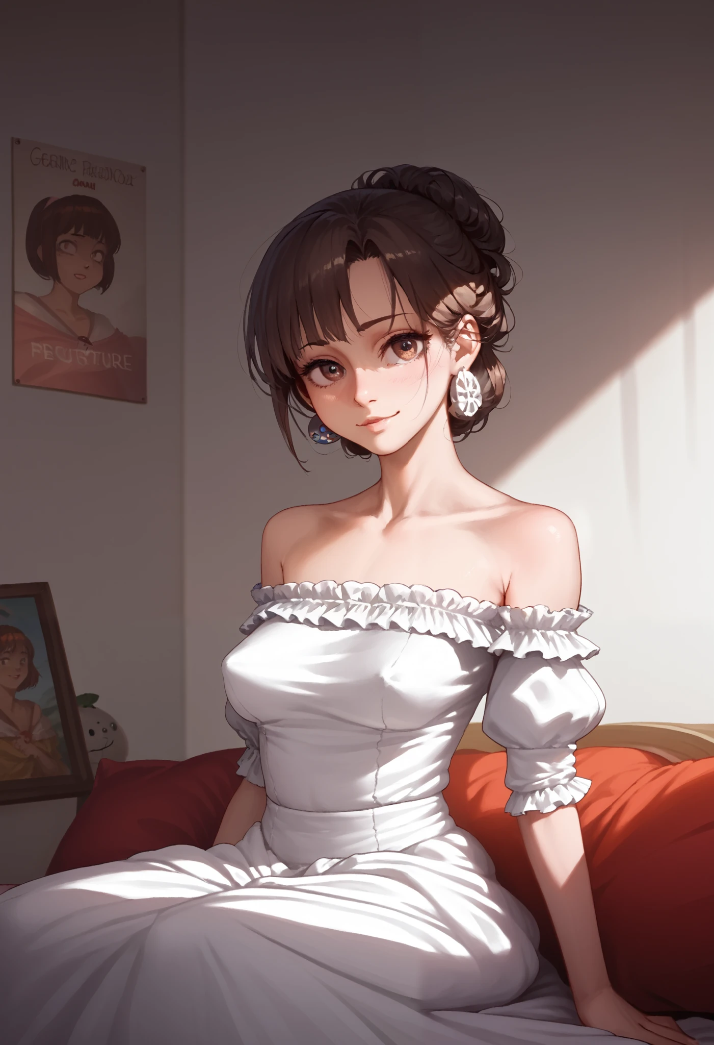 (masterpiece, best quality:1.2), 1girl, solo, anime painting of a woman in a white dress sitting on a bed, by Masamune Shirow, seductive anime girl, manara, style of masamune shirow, anime poster film still portrait, by amano, anime ninja scroll, anime 90s, yoshitaka amano photorealistic, kentaro miura art, inspired by Masamune Shirow, A stunning anime-style woman with voluminous, wavy dark brown hair styled in an elegant updo. She has large, expressive eyes and is wearing long, dangling earrings. Her outfit consists of an off-shoulder, Victorian-style dress with a fitted bodice and puffy sleeves in shades of pink and lavender. her breasts are very large and saggy, her breasts are out over the top of the outfit, seductive pose, The background is a solid black, emphasizing the character's features and outfit. The overall mood is captivating and sophisticated