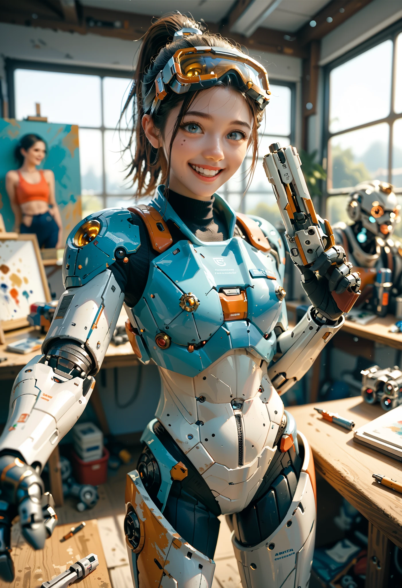   exquisite face ， agent， mole under eye， happy ，  ponytail ，  Flashing Mechanical Eyes  ，  Mechanical Goggles  ，  Flashing Mechanical Legs  ，黑色 agent勁裝，  Flashing Multifunction Bulletproof Armor，  Pistol Grips  ， selfie，  Weapon Workshop  ，Painting，College Law ，Mechanical Law  ，