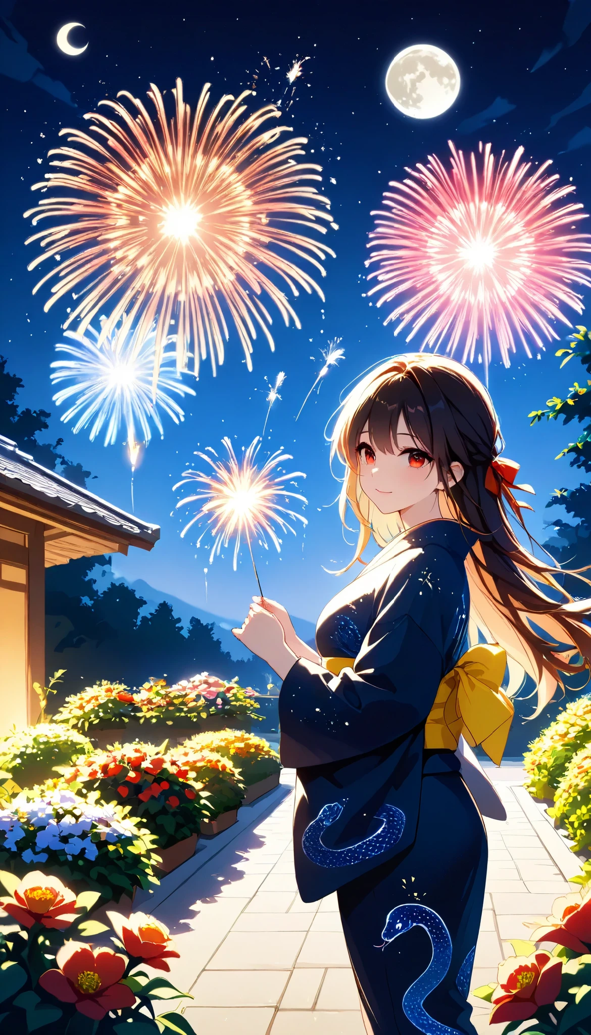  top quality , expensive_resolution,   clear _ images,    detailed background ,  girl  , flower,garden,moon, new year celebration, celebratory fireworks in the sky, (Zodiac Snake)