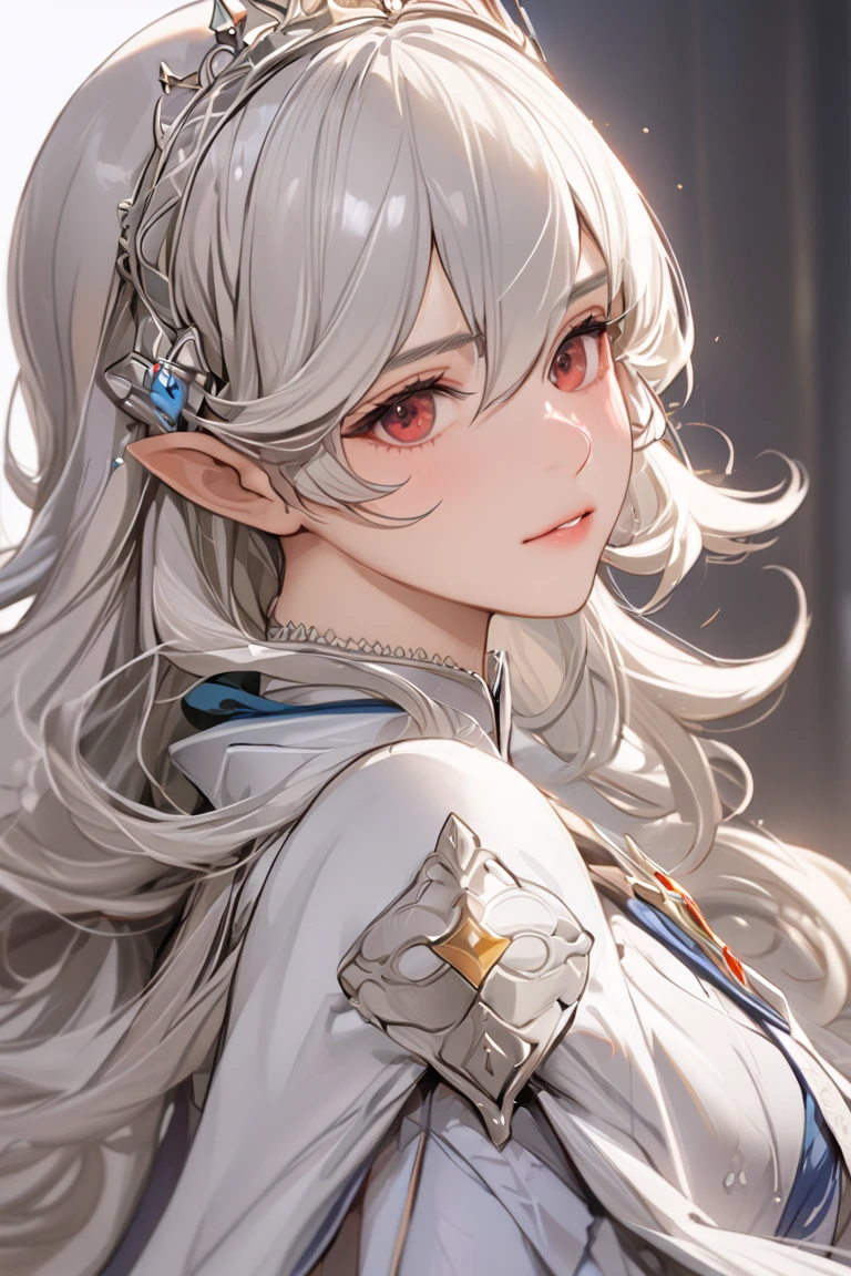 (( top quality )), ((masterpiece)), (  Details), （perfect face）、That woman is Kamui ,  a medium length silver-haired princess.