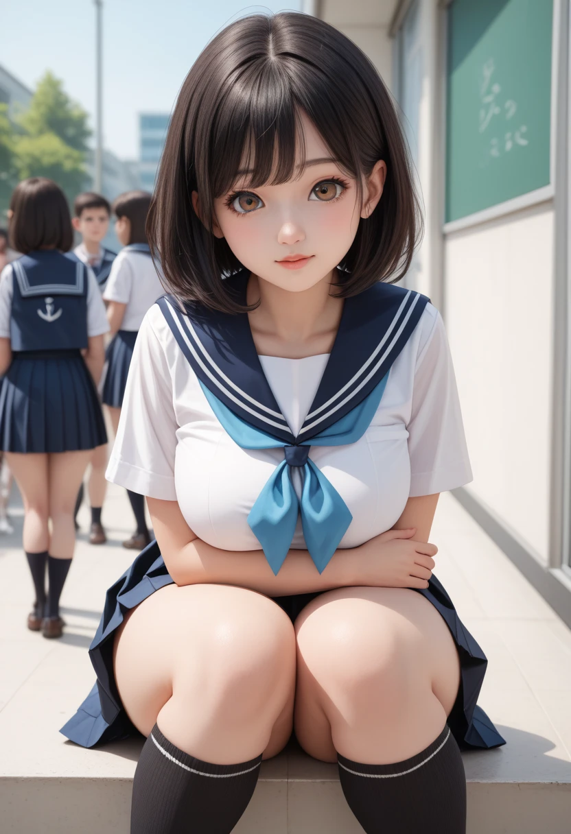 (ultra-detailed),(１People cute girls, Age 15), ( sailor suit,  Blue Ribbon, Black knee-high socks,  school uniform),  very big breasts,  big thighs ,  black hair,  medium hair, cute brown eyes, School, anime style,(8k, best quality, clear, best quality, ultra high res, super detail, accurate, high details,  highres icon)