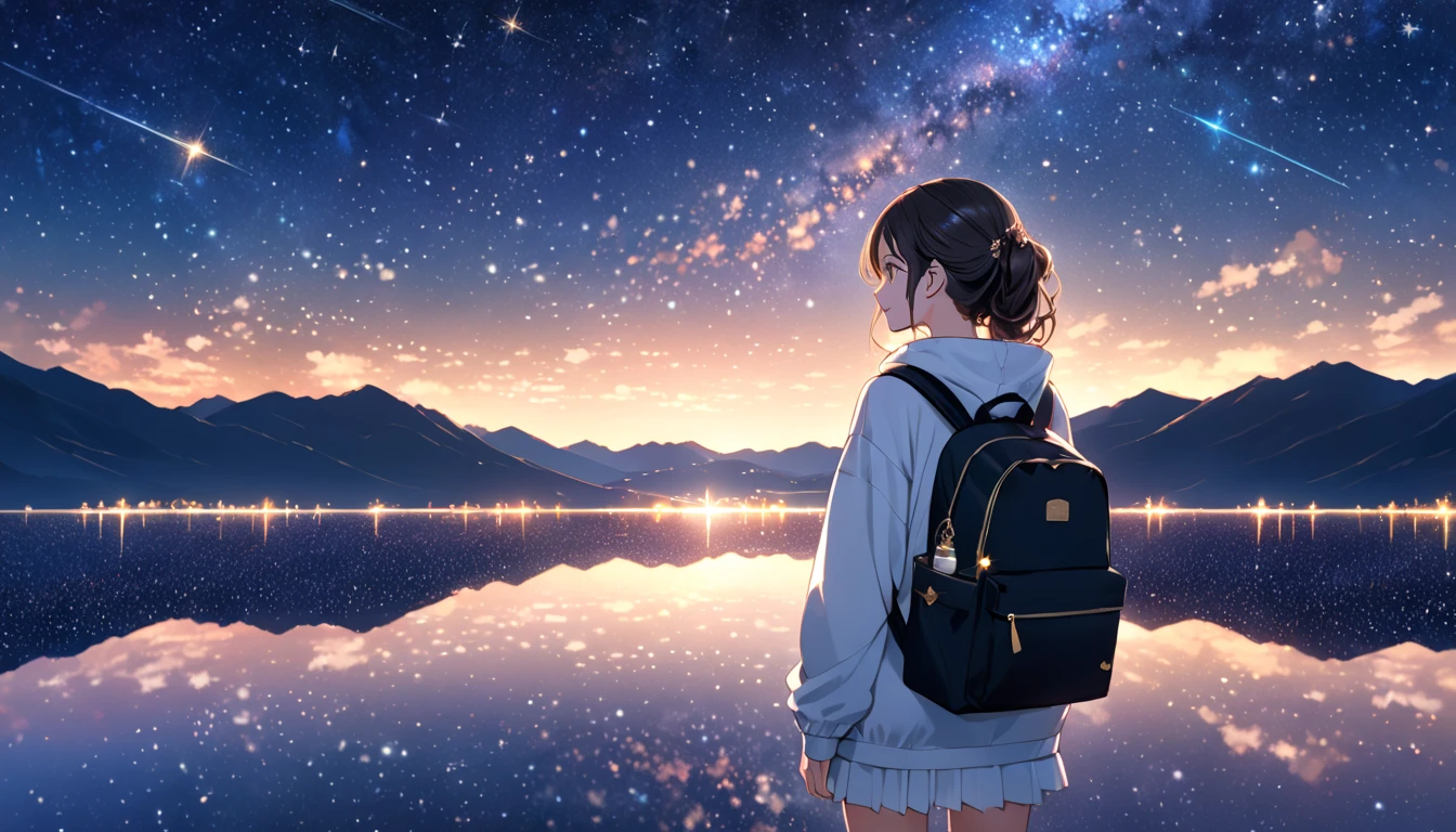 masterpiece, 8k, 1 girl standing in a salt lake,  the lake is a mirror reflecting the stars  ,  fantasy ,  detailed background , A woman drawn down to the smallest detail ,  anime girl watching the sky, 星の光が bright  , 瞬く starry sky ,  there are many stars in the sky , Beautiful sky,  beautiful girls, evening,  starry sky  ,  Beautiful World , bright , hoodie,Casual attire,Backpack