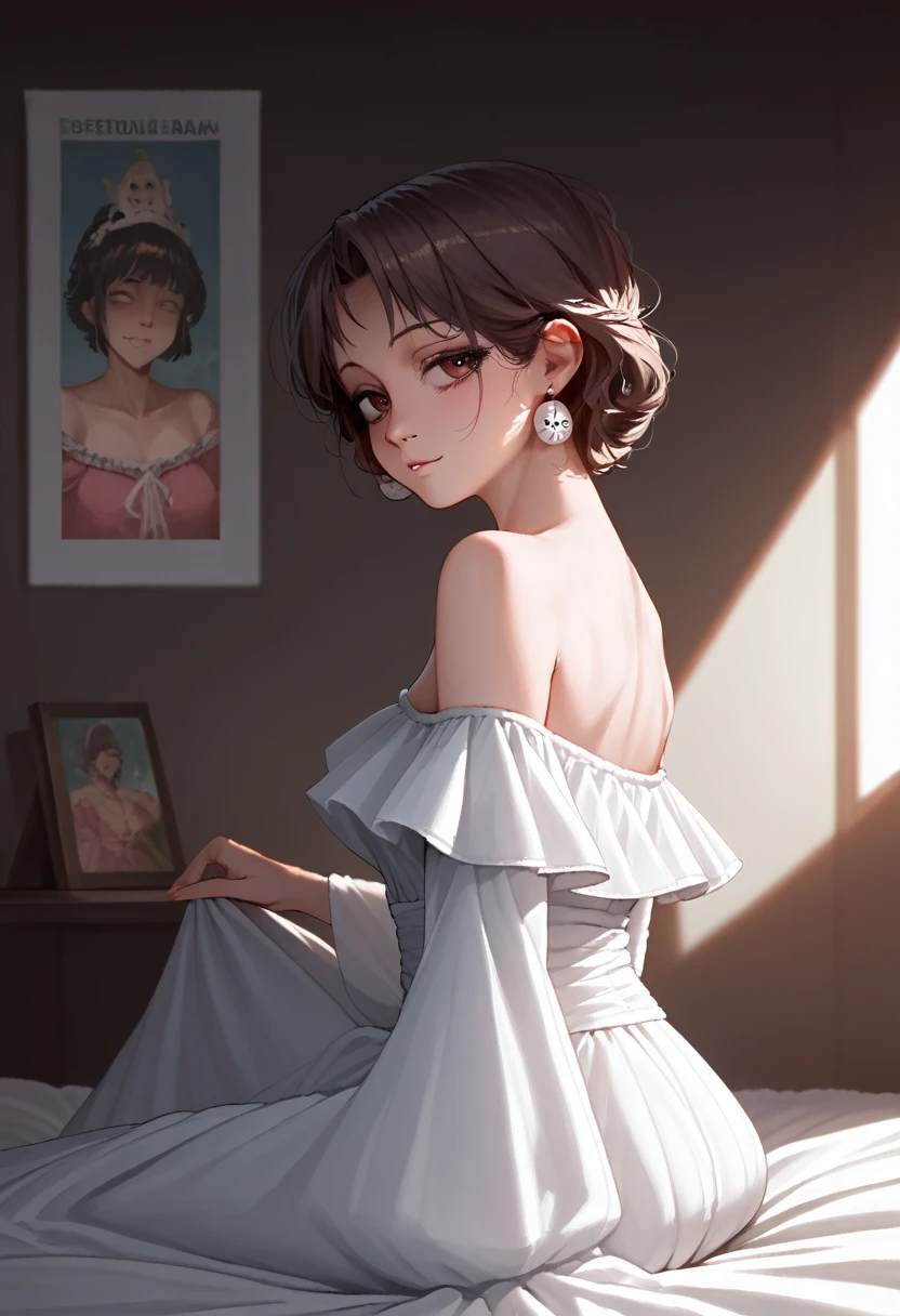 (masterpiece, best quality:1.2), 1girl, solo, anime painting of a woman in a white dress sitting on a bed, by Masamune Shirow, seductive anime girl, manara, style of masamune shirow, anime poster film still portrait, by amano, anime ninja scroll, anime 90s, yoshitaka amano photorealistic, kentaro miura art, inspired by Masamune Shirow, A stunning anime-style woman with voluminous, wavy dark brown hair styled in an elegant updo. She has large, expressive eyes and is wearing long, dangling earrings. Her outfit consists of an off-shoulder, Victorian-style dress with a fitted bodice and puffy sleeves in shades of pink and lavender. her breasts are very massive and saggy, her breasts are out over the top of the outfit, seductive pose, The background is a solid black, emphasizing the character's features and outfit. The overall mood is captivating and sophisticated