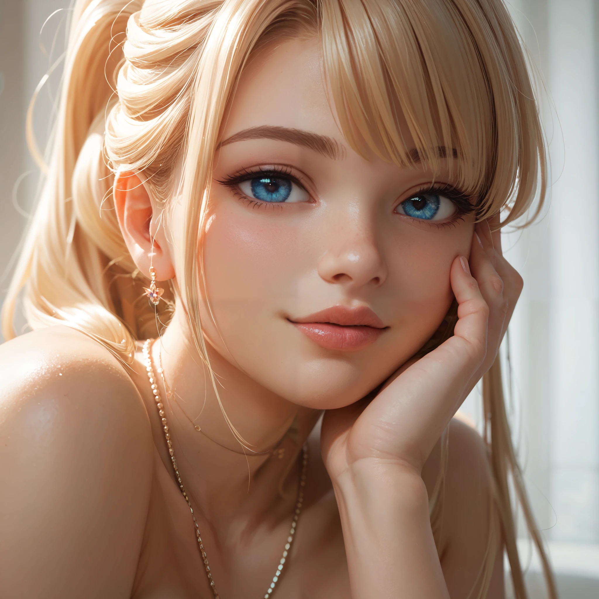 female, curvy, thick, sexy, lovely, long blond hair done in a ponytail, side bangs, hair done up, blue eyes, pleased, necklace, naked, head shot, head, close up, hand on face