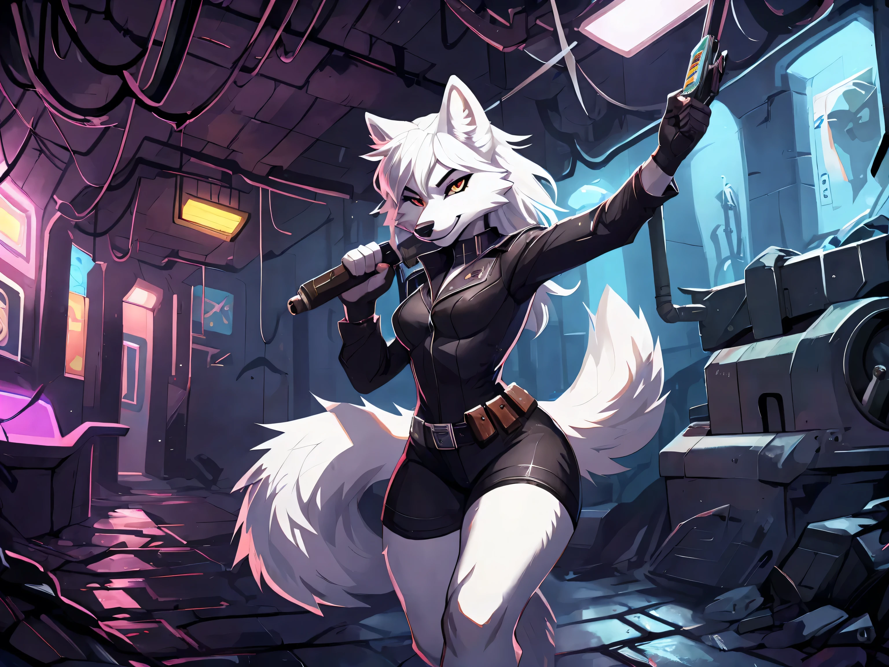 (white fur:2), wolf, female, white hair, Spy outfit, Agent attire, toothy smile, Infiltration operation, in dark Underground sewer tunnel , dark Utility tunnel, masterpiece, (16K), HD, Various facial details, detailed background, very detailed, dynamic poses, Eyes details, high resolution, high quality, correct anatomy, cartoon, at night, solo, 1girl