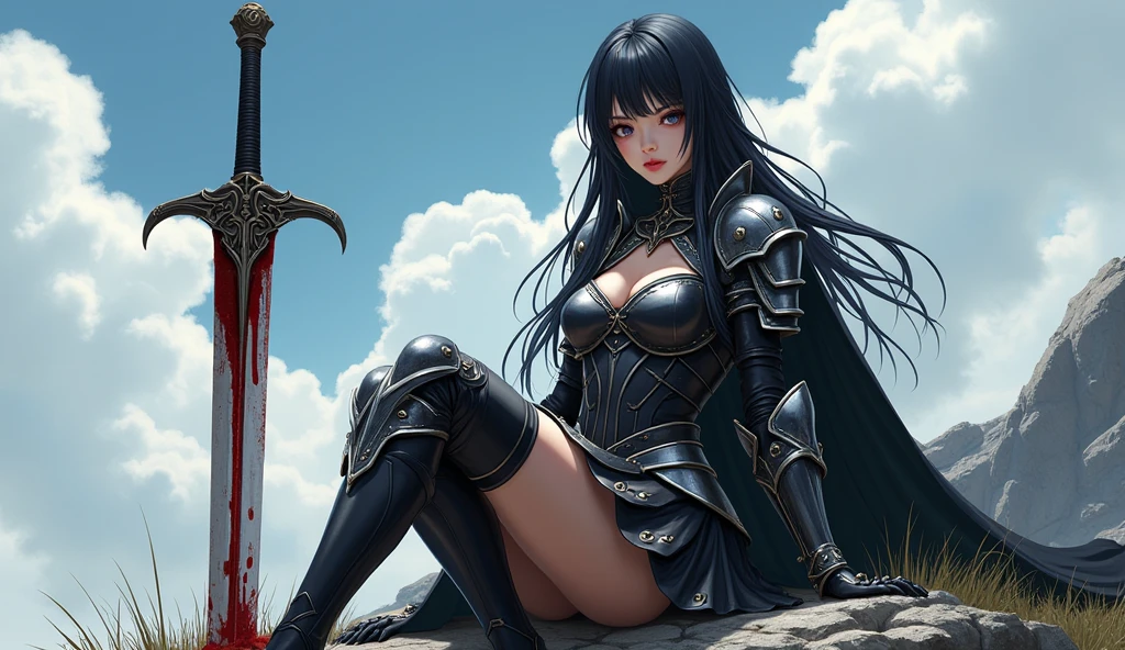 absurderes,(​masterpiece、top-quality、8K ),intricate detailes,ultra-detailliert、1 Beautiful, And a woman of perfect proportions,(Woman knight:1.3),Black Long Hair,Purple eyes,cleavage,Navel,Stomach,(broad sword :1.4),Silver armor,(Fantasy,fantasy town),Hyper realistic,Perfect Anatomy